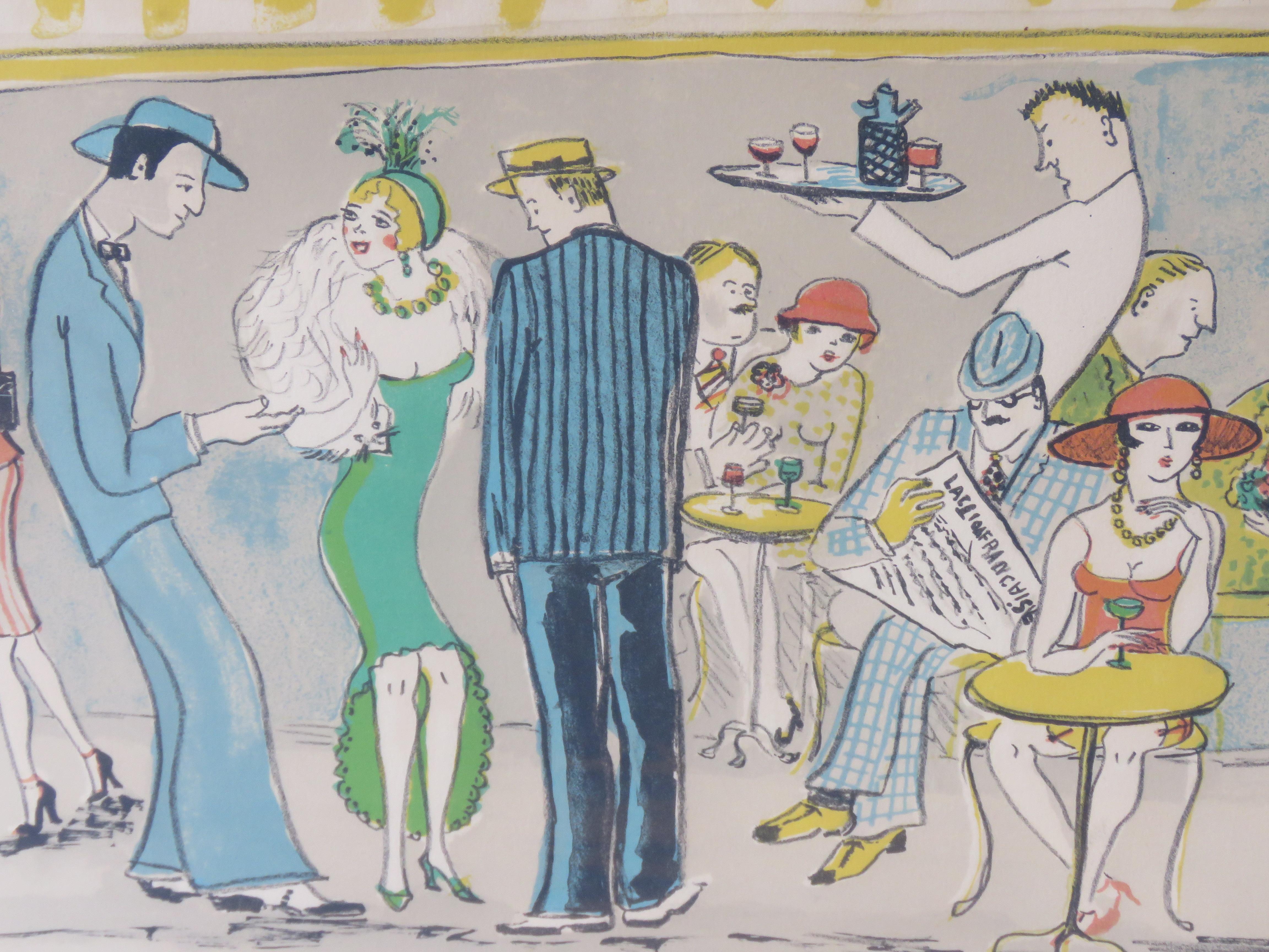 French Rare Important Original 1930s-40s Paris Cafe Lithograph Etching Drawing For Sale