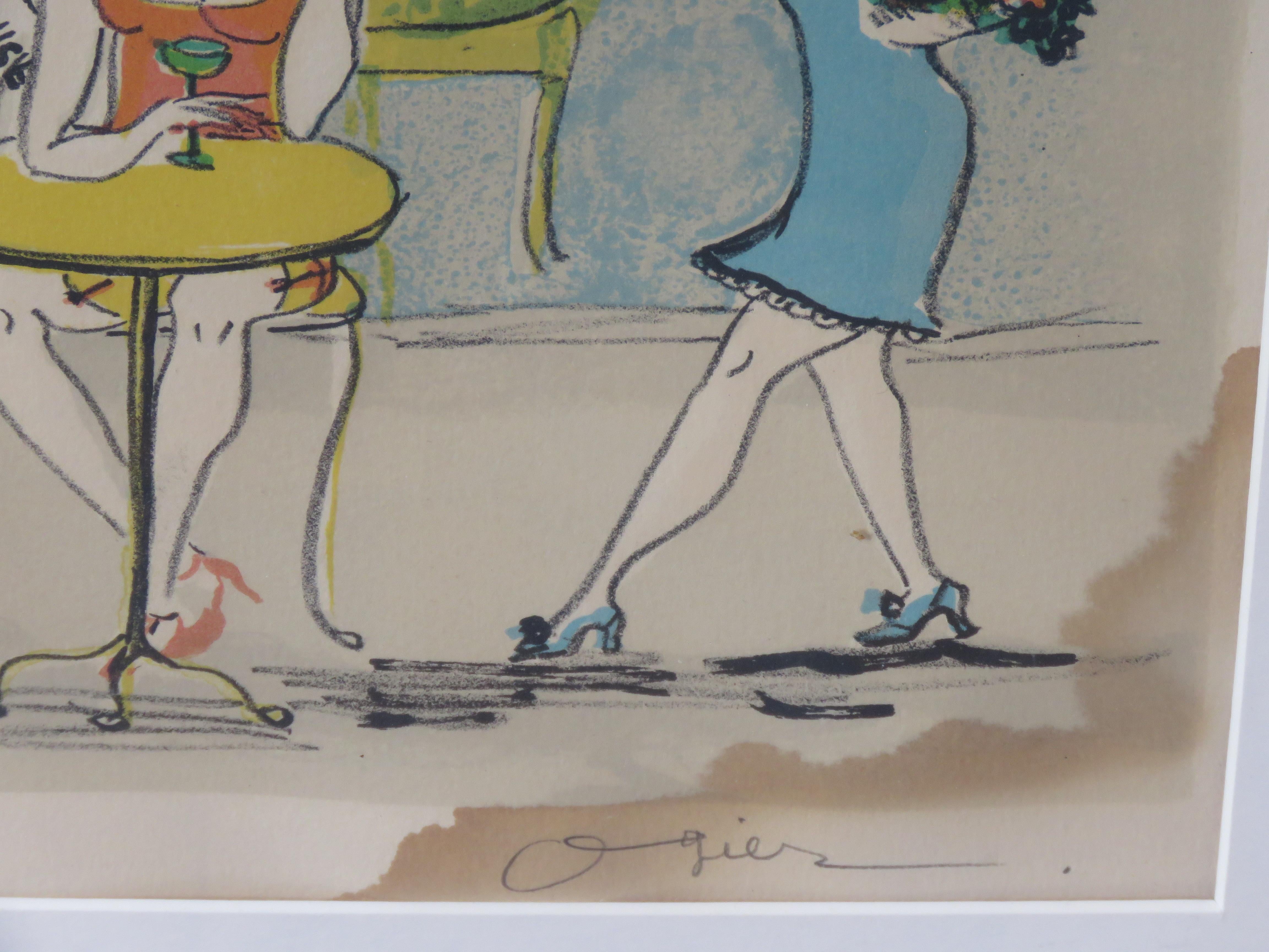 Rare Important Original 1930s-40s Paris Cafe Lithograph Etching Drawing In Fair Condition For Sale In New York, NY