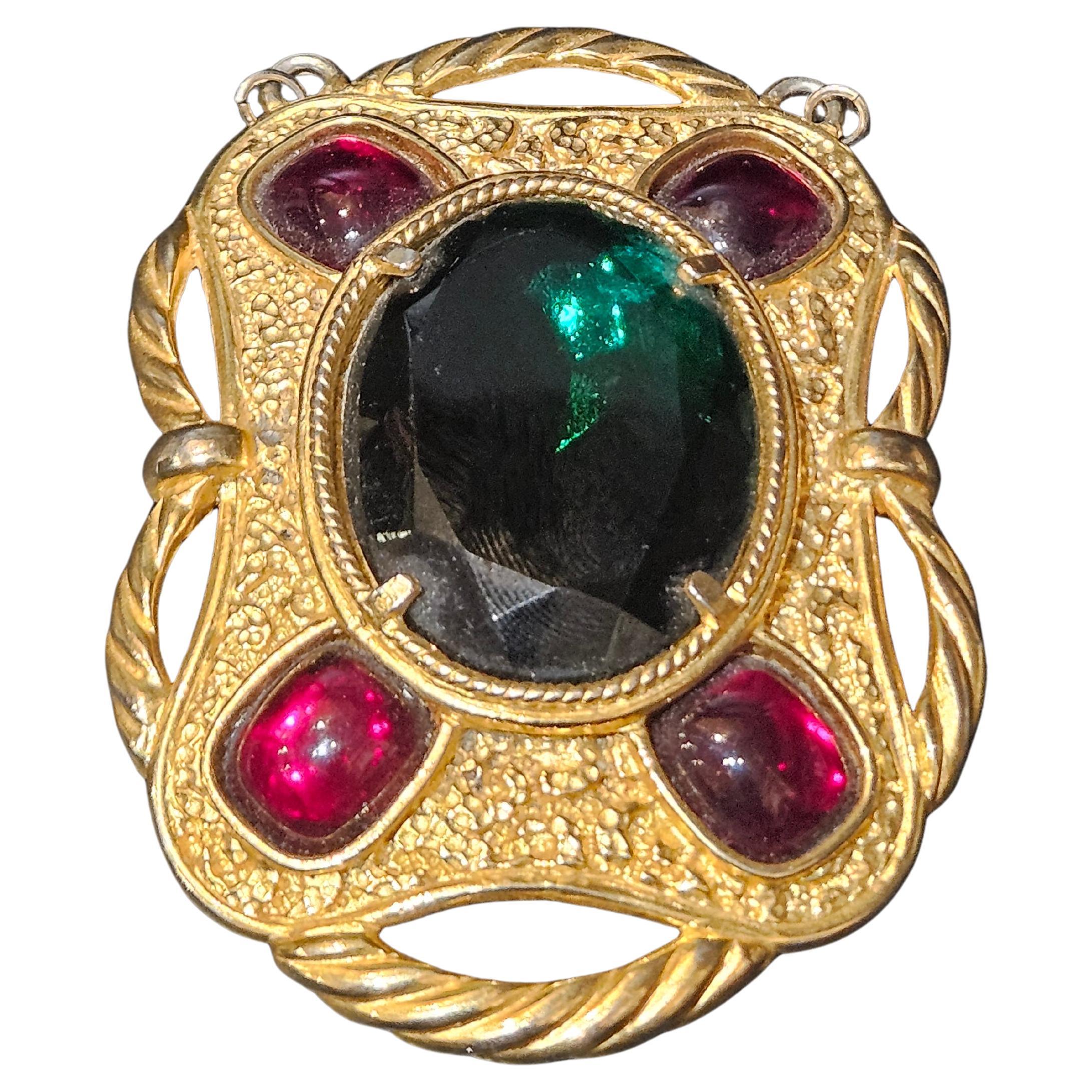 Original 18KT Overlaid Lucien Piccard Faux Emerald Pendant Brooch Belt Buckle