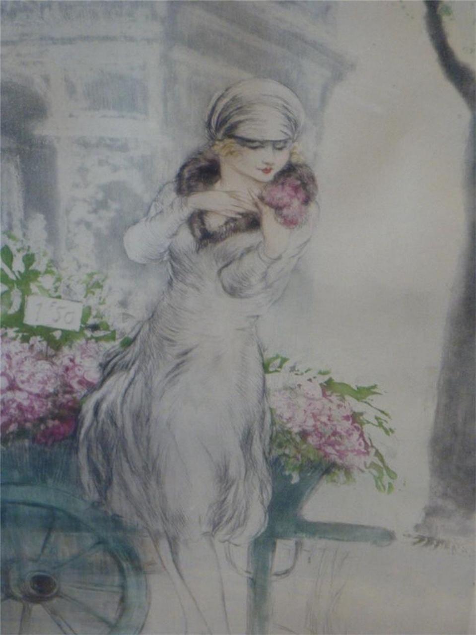 The Following Item we are Offering is A Very Beautiful and Very RARE Original Framed etching and aquatint with handcoloring by Louis Icart (1888-1950). Painting showcases A Beautiful Dressed Woman Shopping in Marche Aux Fleurs in Paris by Arc De