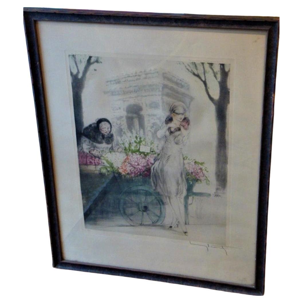 Rare Important Original Rare Important 1920's Louis Icart Woman Flower Market For Sale
