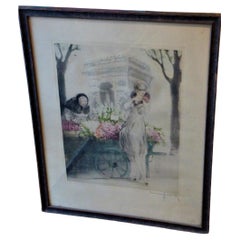 Used Rare Important Original Rare Important 1920's Louis Icart Woman Flower Market