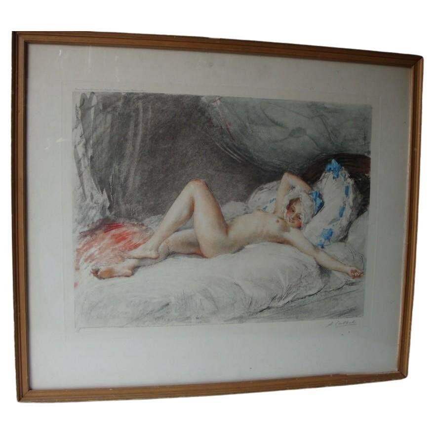 Important Original French Nude Woman Posing Antoine Calbet Lithograph Etching