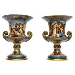 Rare & Important Pair of 19th C. Meissen Porcelain Majolica Style Krater Vases