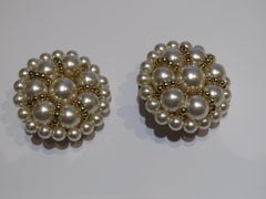 Rare Important Pair Vintage Overlaid Gold Round Pearl Clip On Earrings