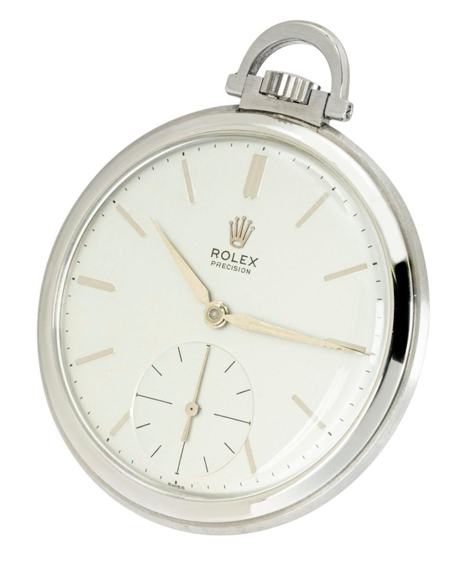 Rolex Precision. A Rare and Important Keyless Lever Stainless Steel Open Face Pocket Watch C1965

Dial: A very crisp and untouched silver baton dial with Rolex Crown at twelve o'clock signed Rolex Precision under the crown with subsidiary seconds