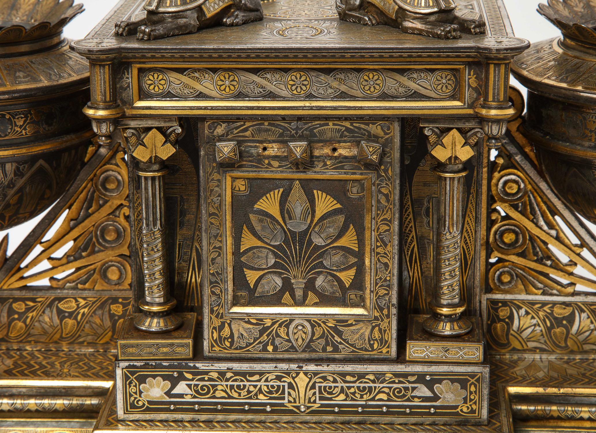 Rare & Important Spanish Damascene, Iron, Steel, Gold Inlaid Clock, Eibar, Spain For Sale 3