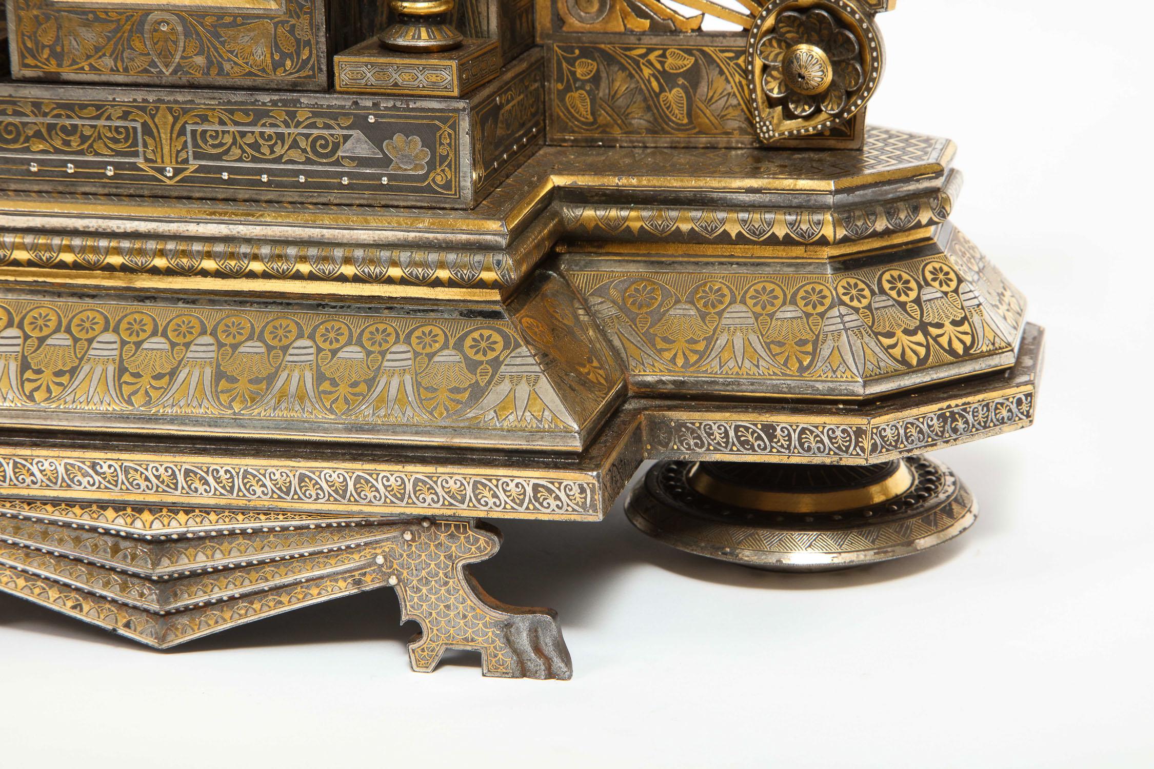 Rare & Important Spanish Damascene, Iron, Steel, Gold Inlaid Clock, Eibar, Spain For Sale 8