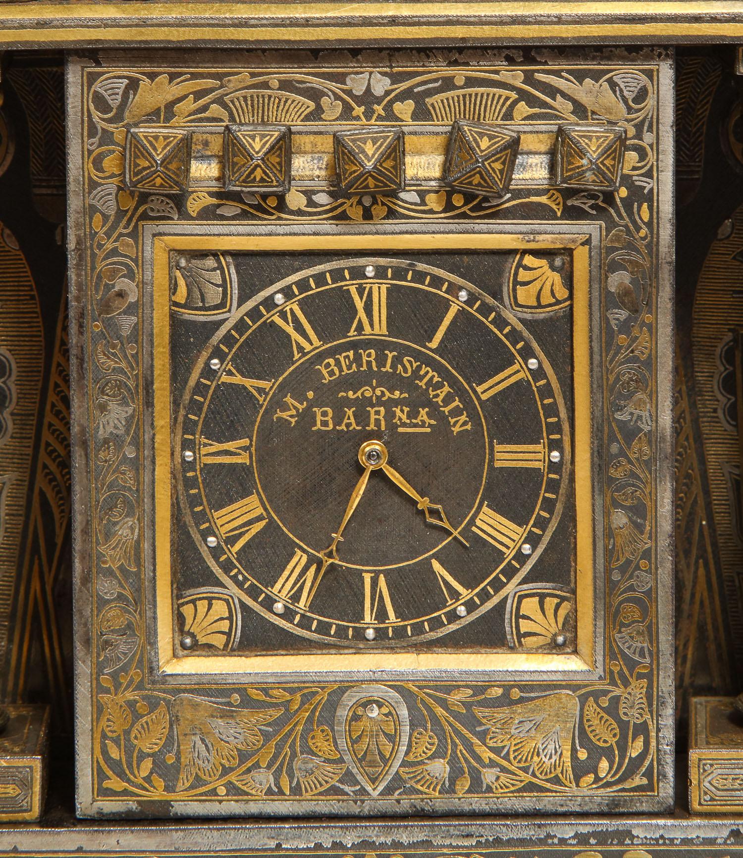 Rare & Important Spanish Damascene, Iron, Steel, Gold Inlaid Clock, Eibar, Spain For Sale 9