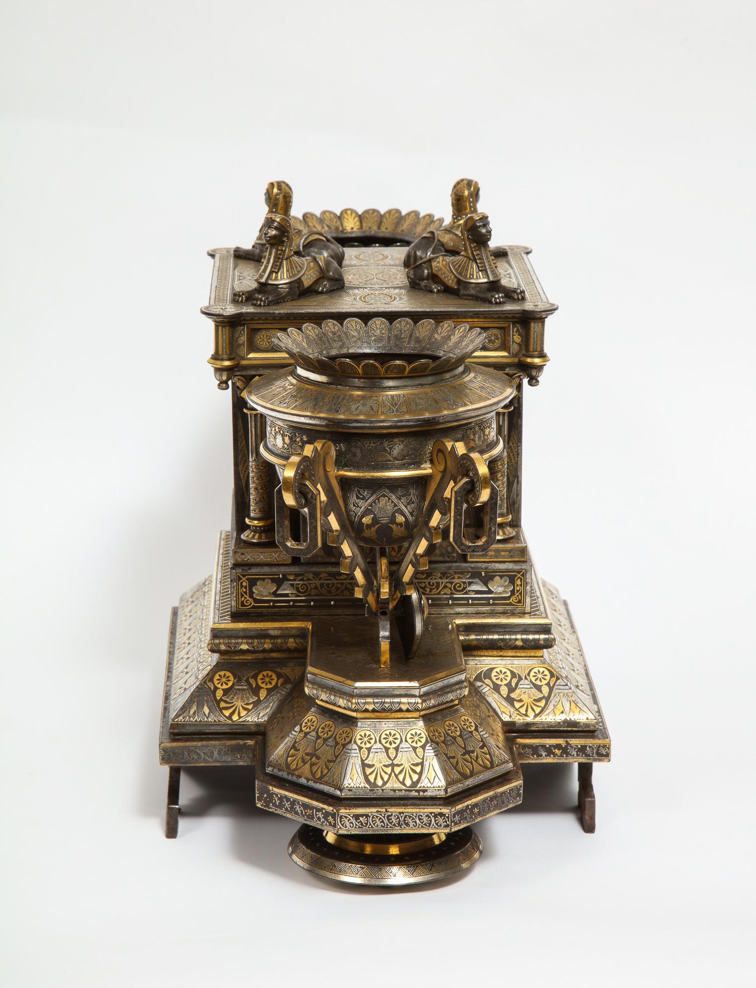 20th Century Rare & Important Spanish Damascene, Iron, Steel, Gold Inlaid Clock, Eibar, Spain For Sale