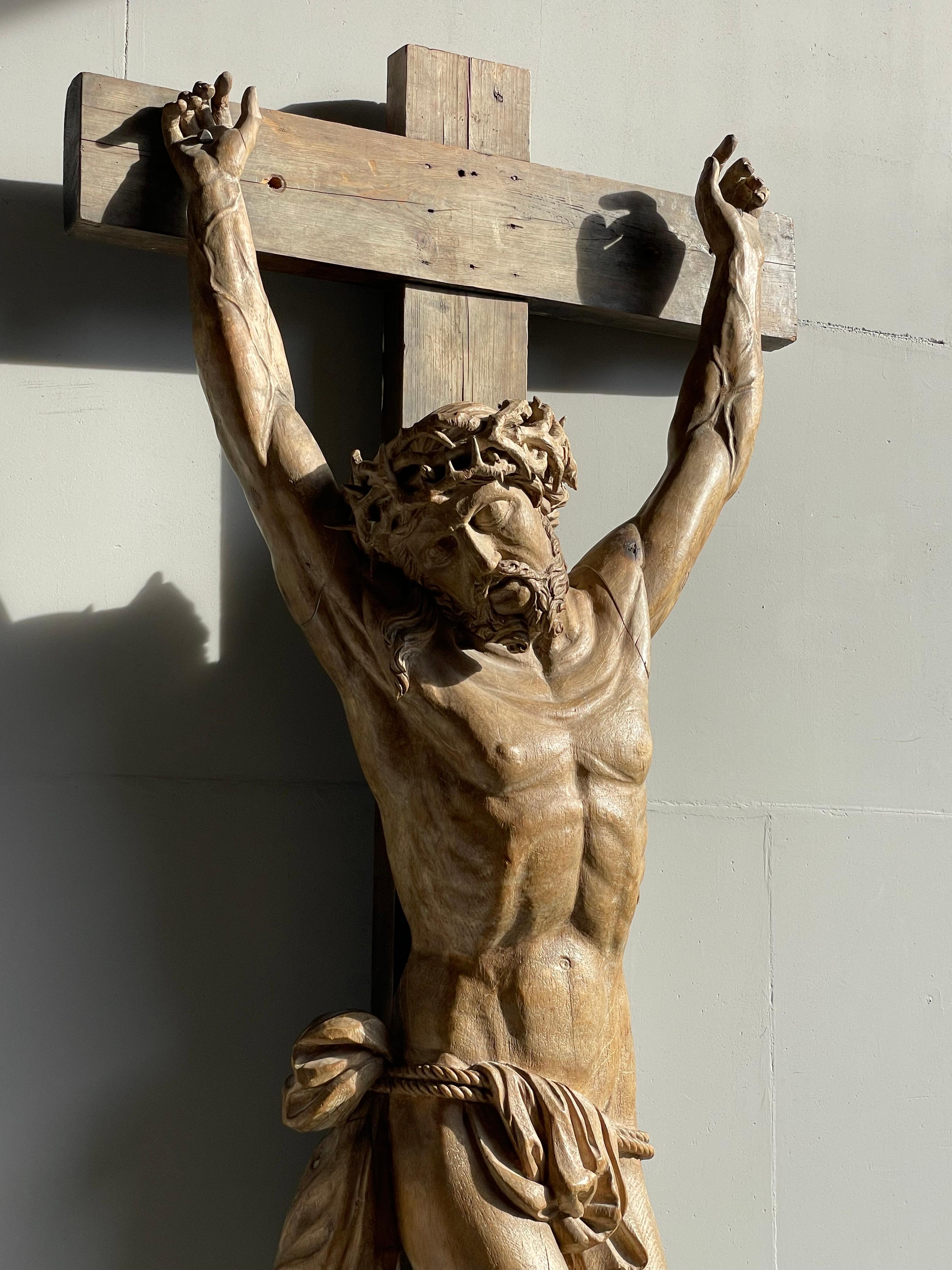 Baroque Revival Large & Important Wooden Church Crucifix w. Corpus of Christ Signed By P. Luypen