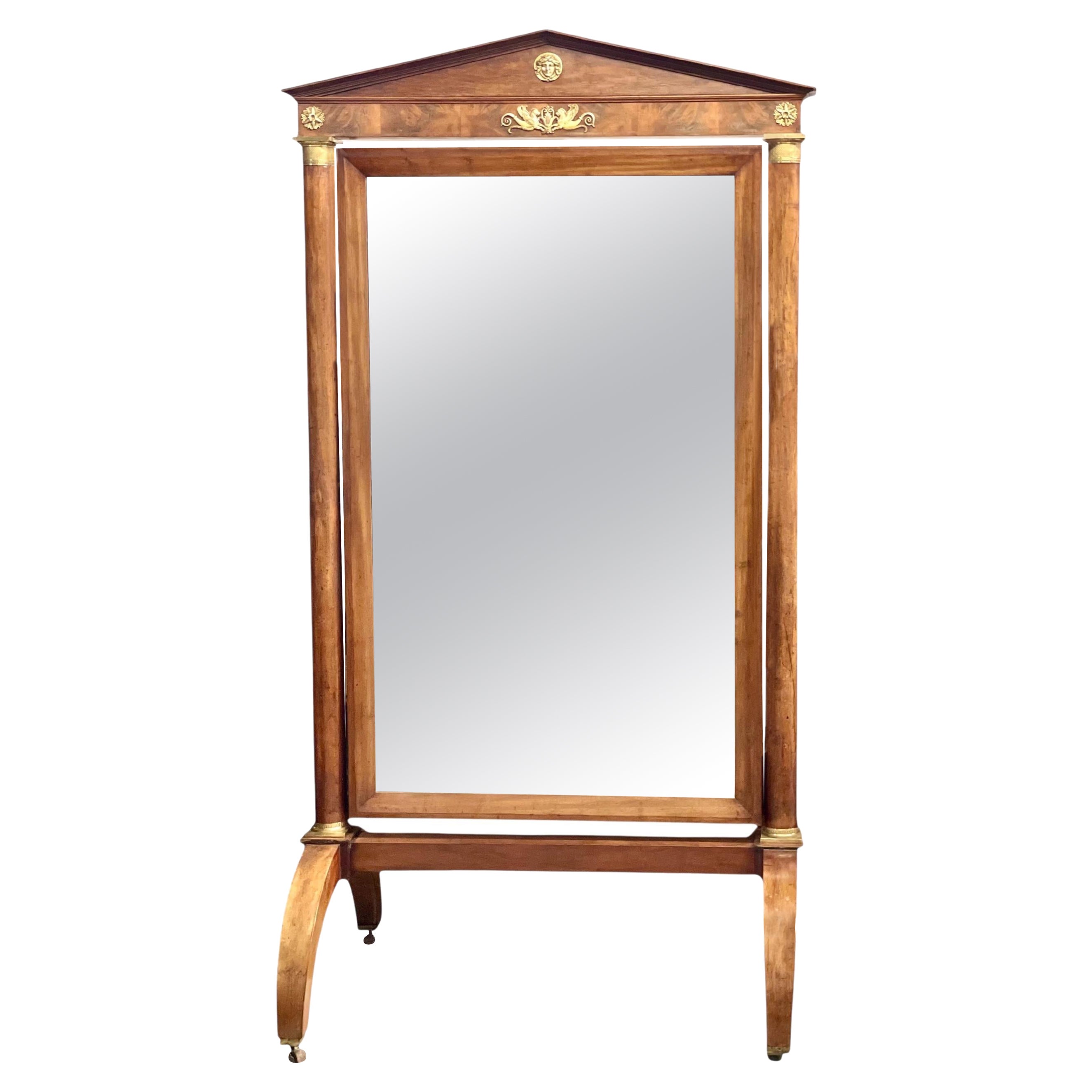 Rare Imposing First Empire Walnut and Gilt Bronze Cheval Mirror