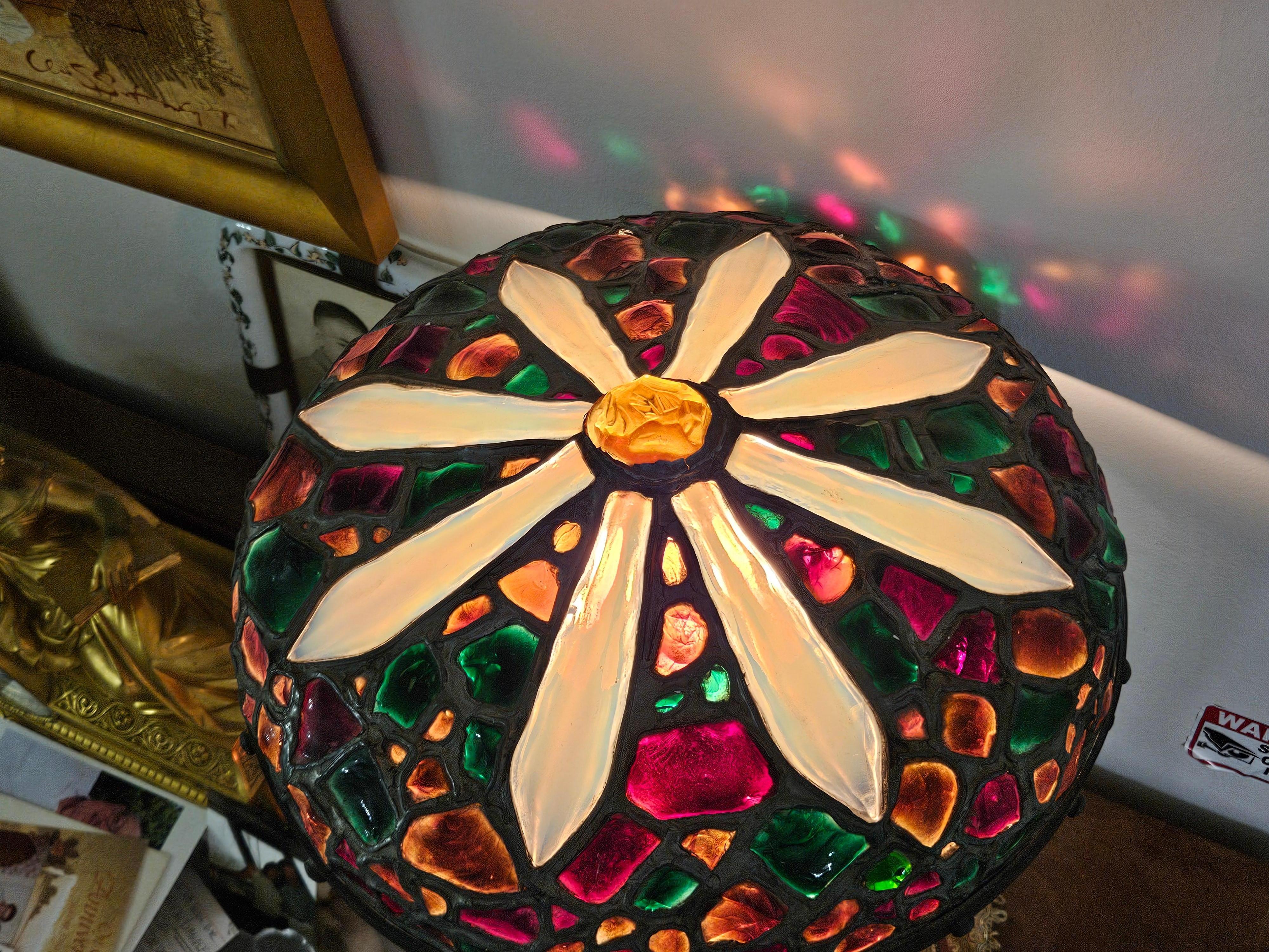 Unknown Rare Impressive Early 1900s Large Bronze Colorful Chunk Glass Flower Table Lamp For Sale