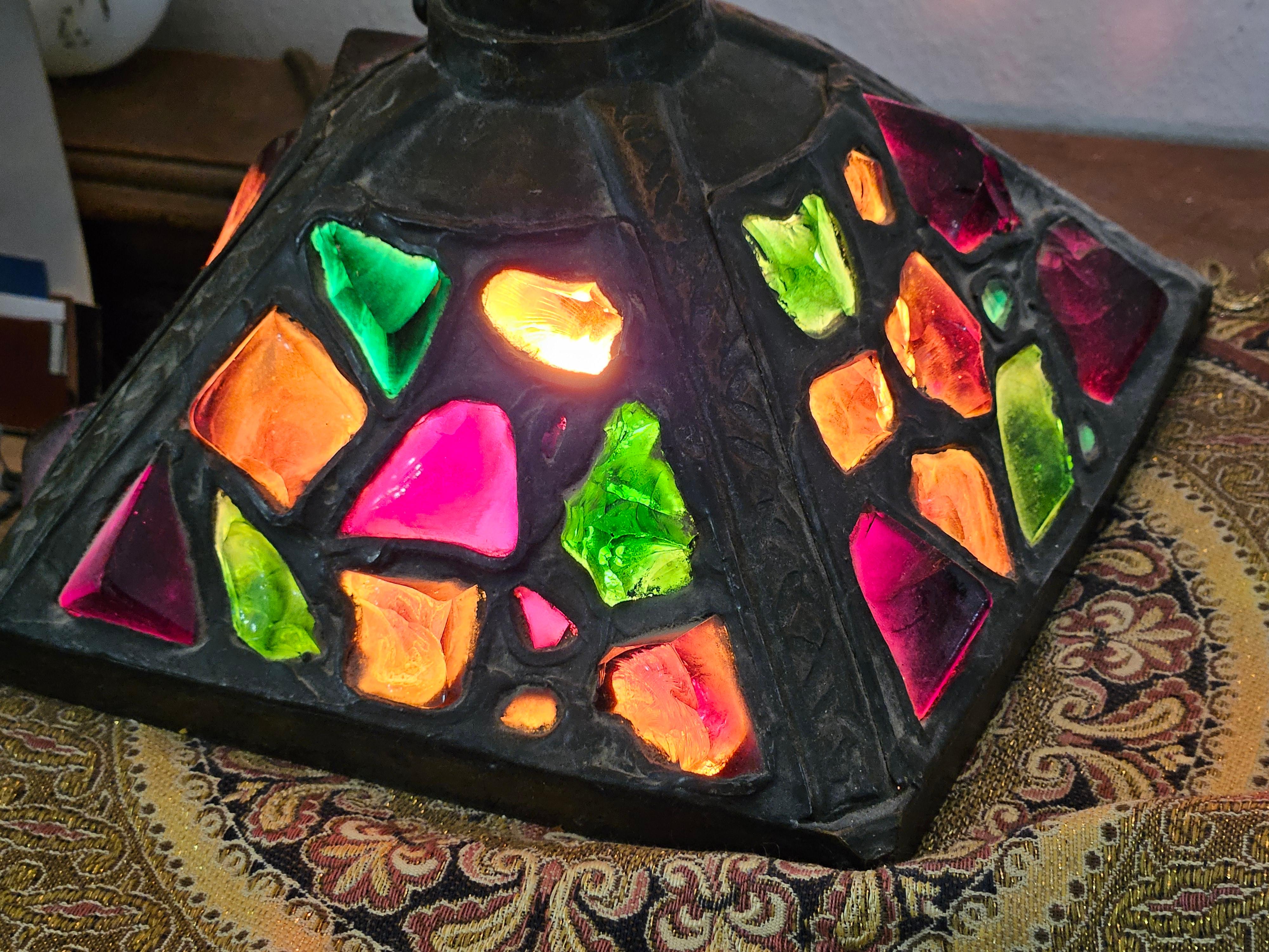 Hand-Painted Rare Impressive Early 1900s Large Bronze Colorful Chunk Glass Flower Table Lamp For Sale