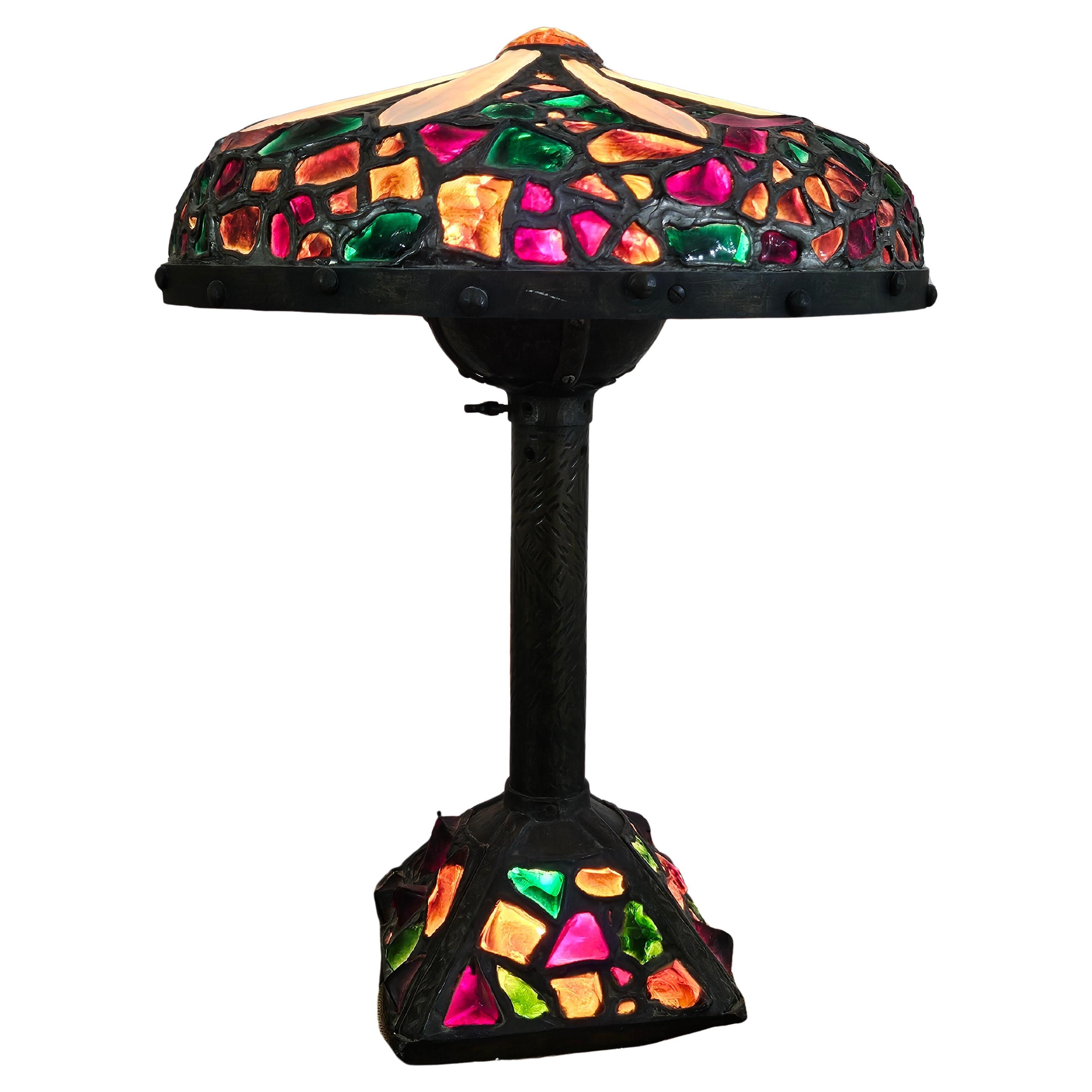 Rare Impressive Early 1900s Large Bronze Colorful Chunk Glass Flower Table Lamp