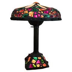 Rare Impressive Early 1900s Large Bronze Colorful Chunk Glass Flower Table Lamp