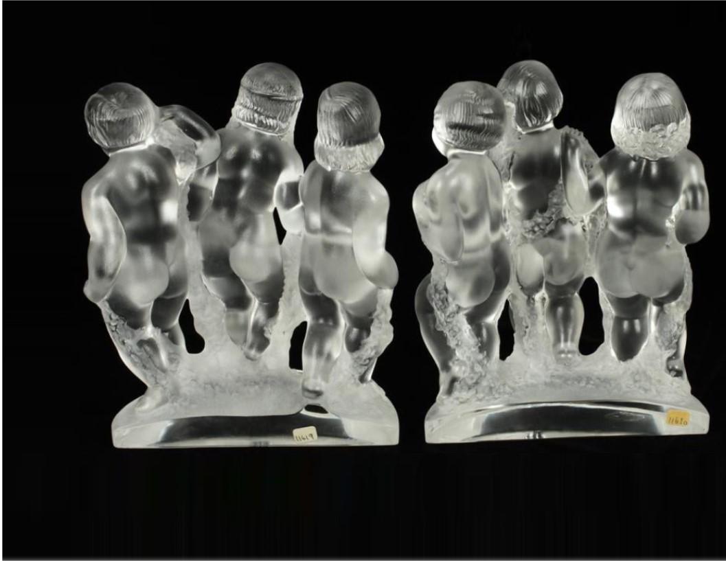 French Rare Pair of Three Beautiful Lalique Children Sculptures Standing Together  For Sale