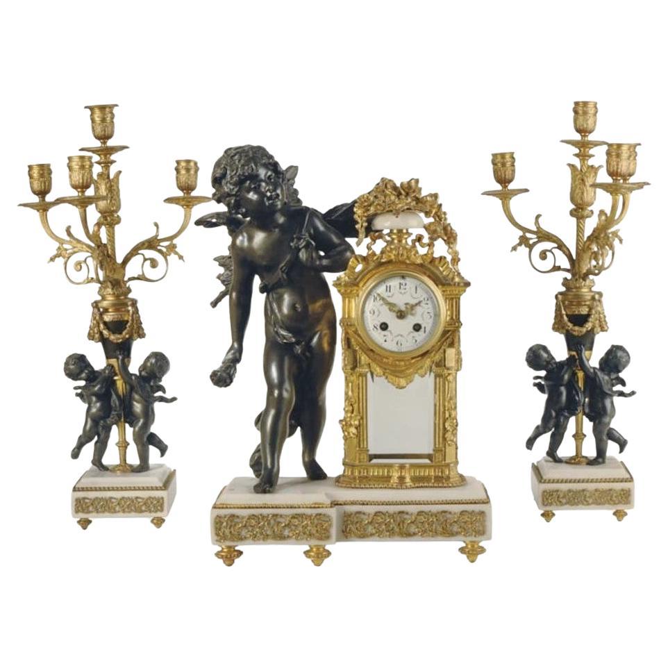 Rare Impressive Museum Quality 19th C French Three Piece Bronze Cherub Clock Set For Sale
