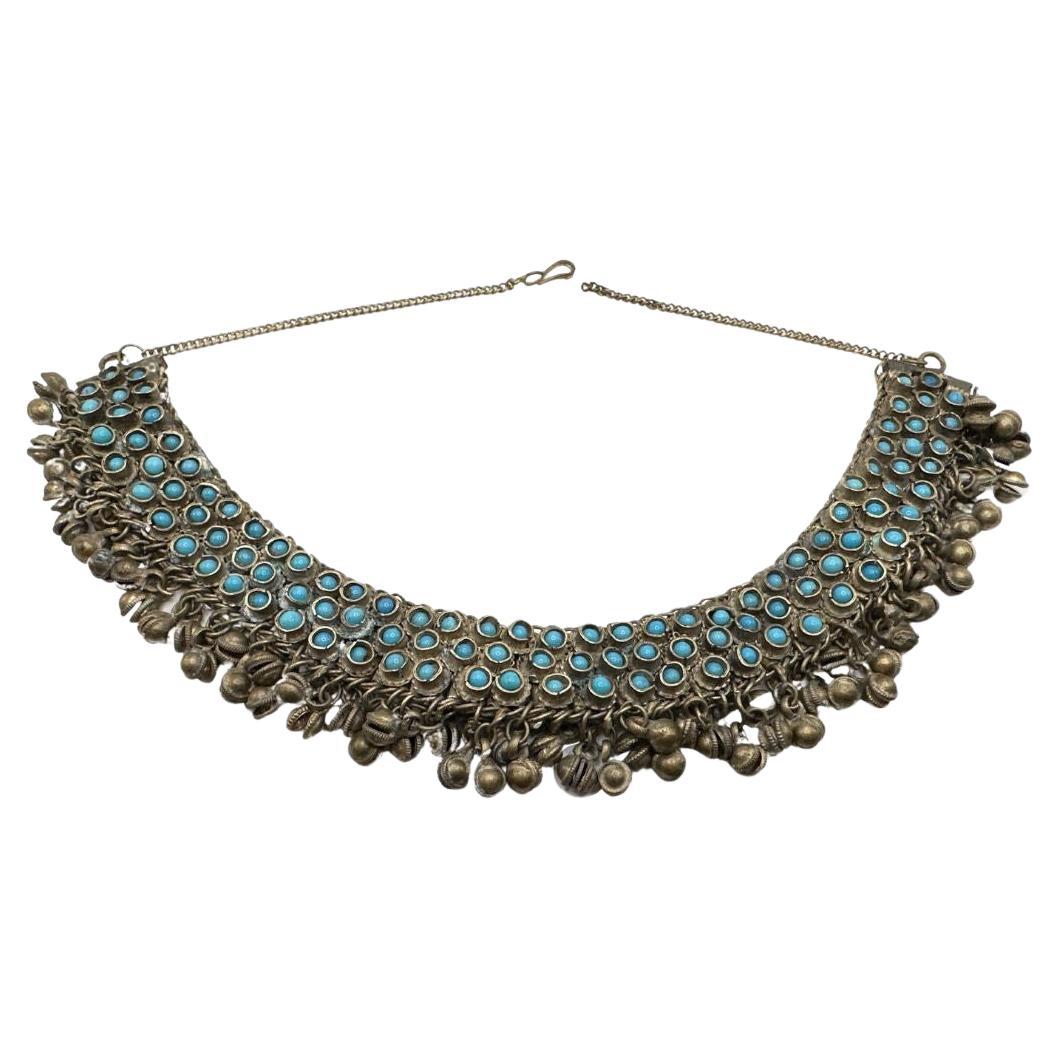 Rare Indian Antique Silver Turquoise Necklace from 1958 For Sale