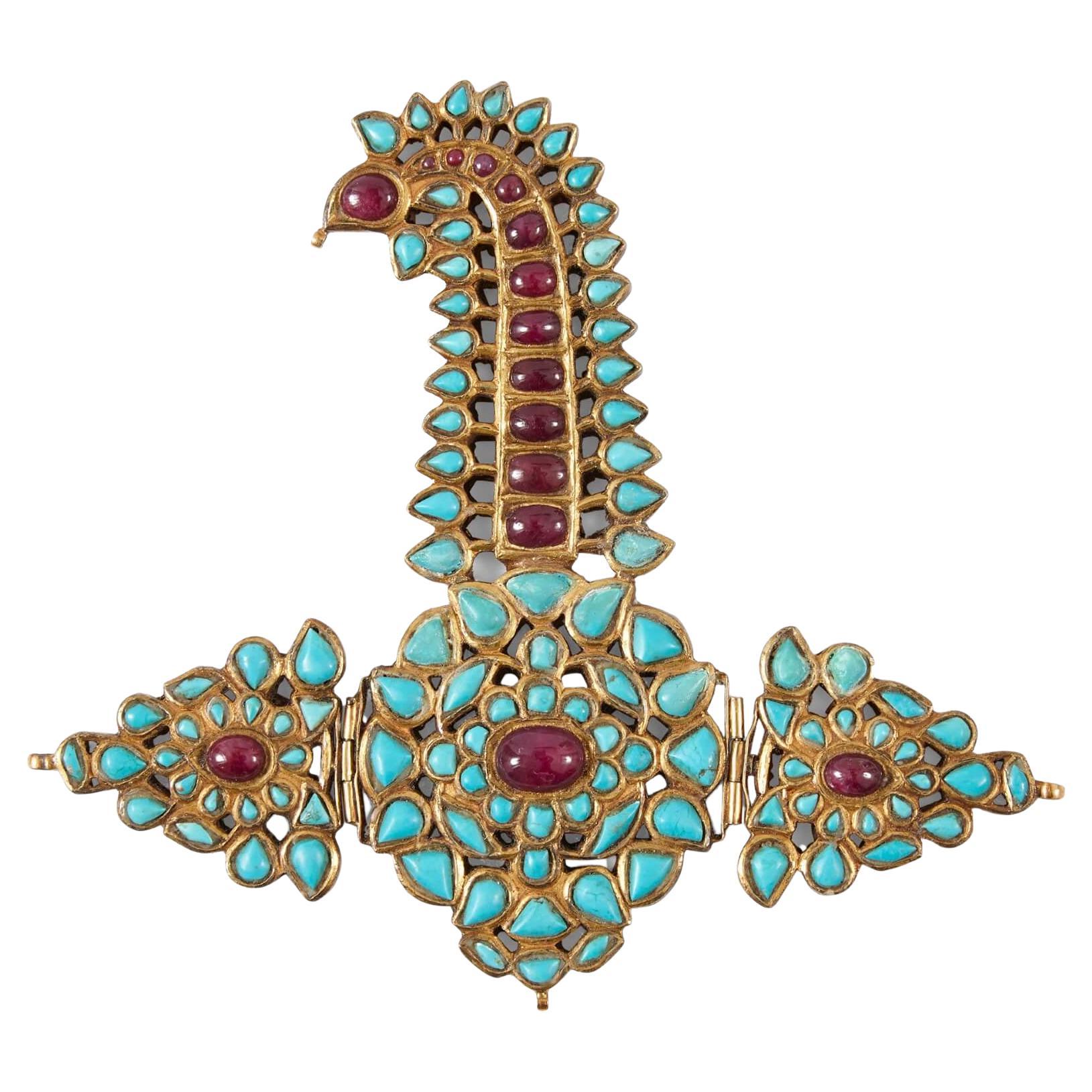 Rare Indian Gold, Ruby and Turquoise Sarpech Turban Ornament For Sale