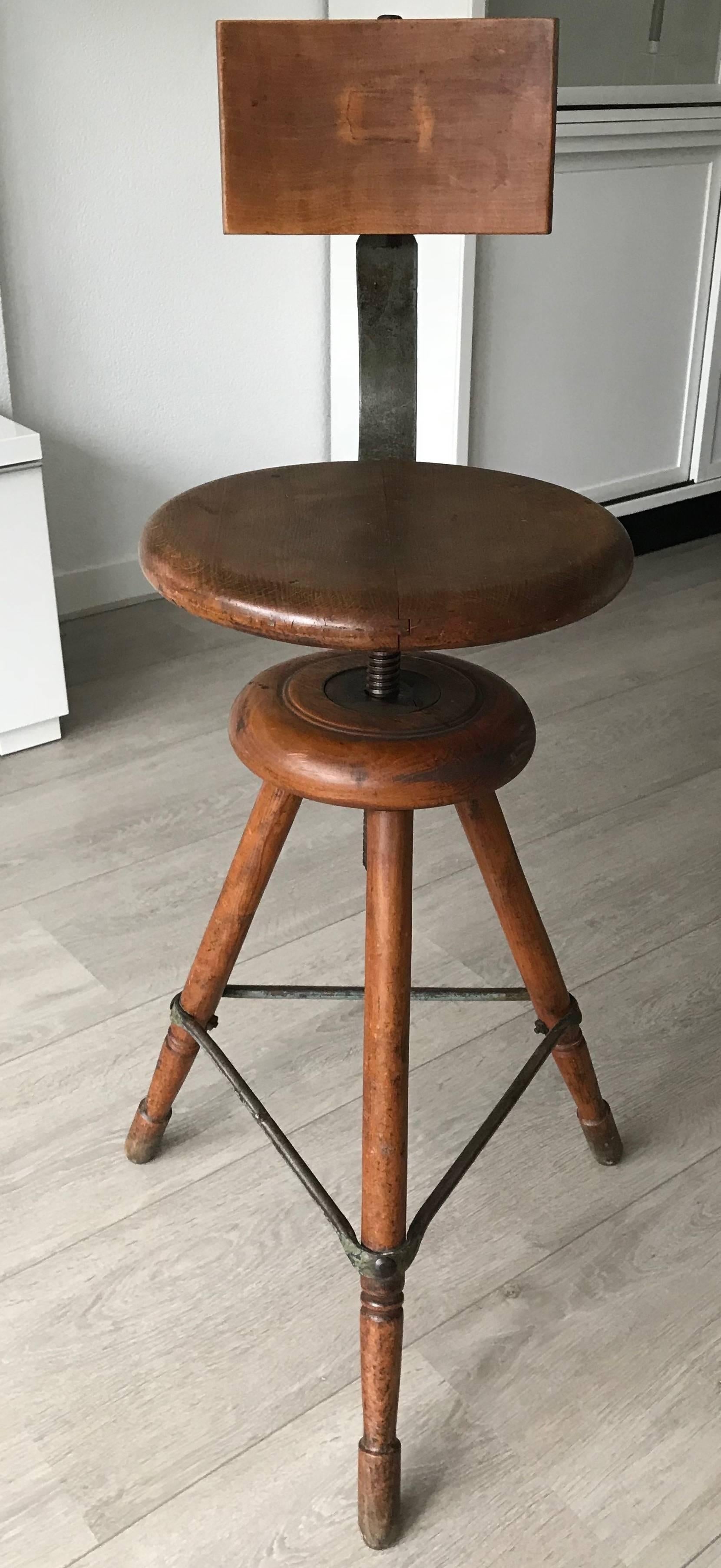 Hand-Crafted Rare Industrial Artist Studio Spindle Chair or Stool Adjustable in Height, 1920s