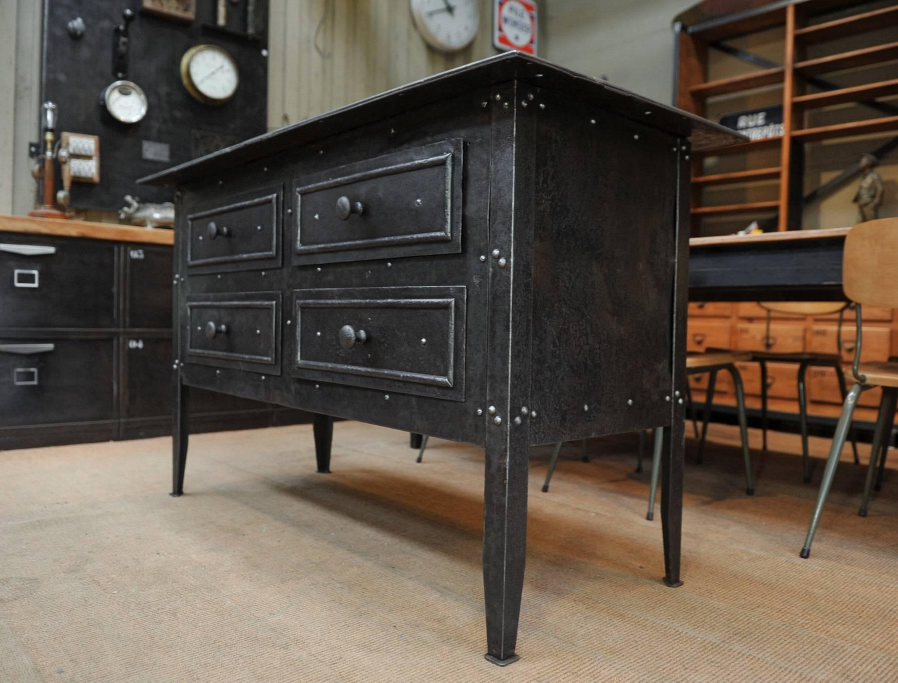 Rare Industrial Riveted Iron Chest of Drawer, 1900s 1