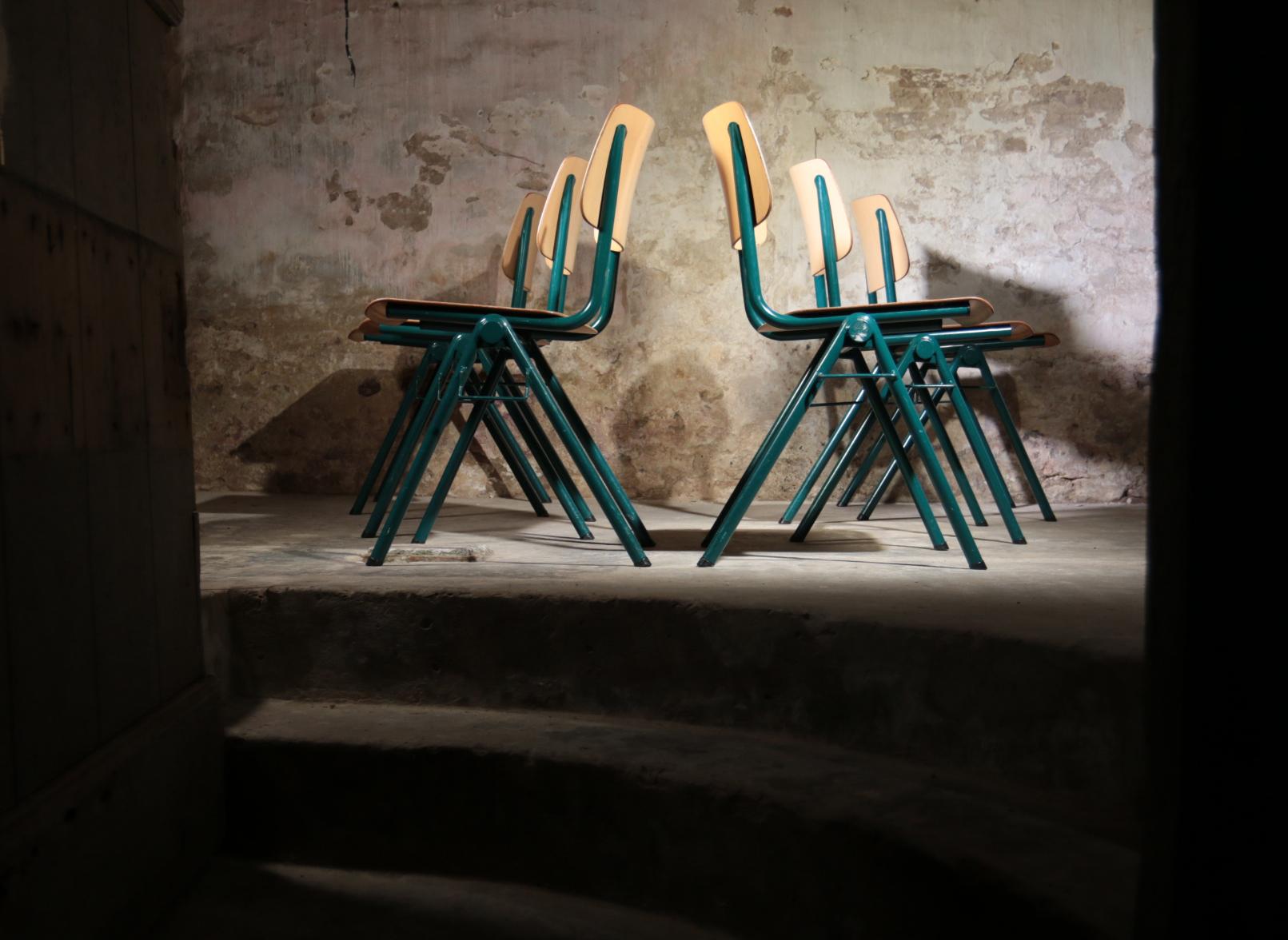 Painted # 80 Rare Industrial Stacking chairs Galvanitas S35 Emerald Green
