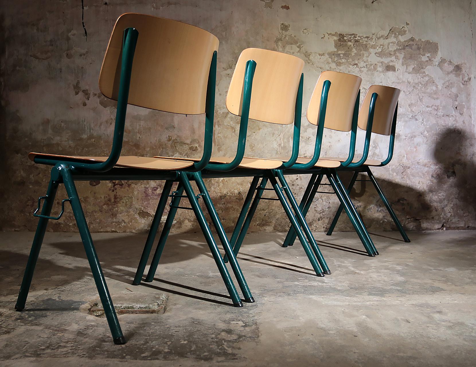 Late 20th Century # 80 Rare Industrial Stacking chairs Galvanitas S35 Emerald Green