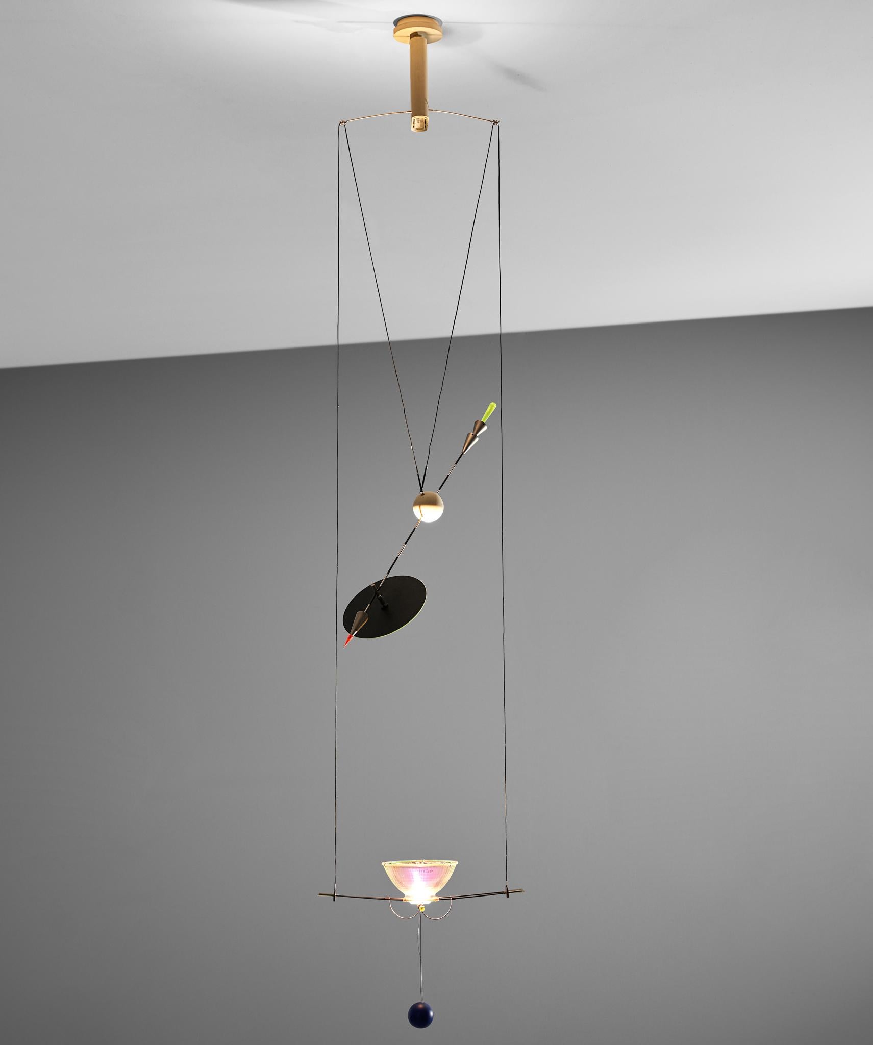 Ingo Maurer, kinetic light sculpture 'Ilo Ilu', steel, wood, plastic, and glass, Germany, 1986

Light sculpture designed by the German Ingo Maurer. Refined halogen lamp with a completely adjustable lightbeam, made possible with the ingeniously