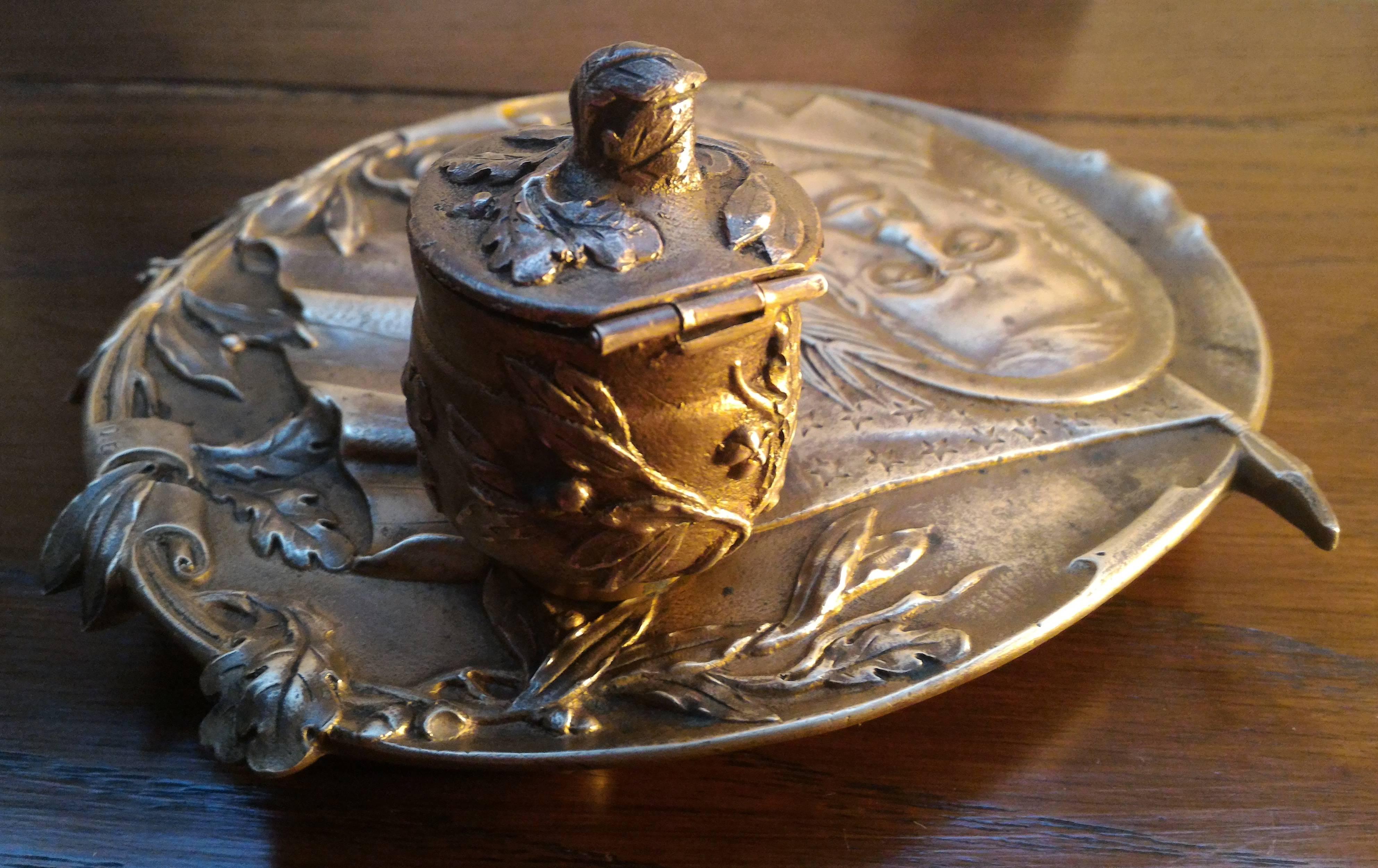 French Rare Inkwell, Bronze Art Nouveau USA President Wilson 1st W War, Signed Cuzin For Sale