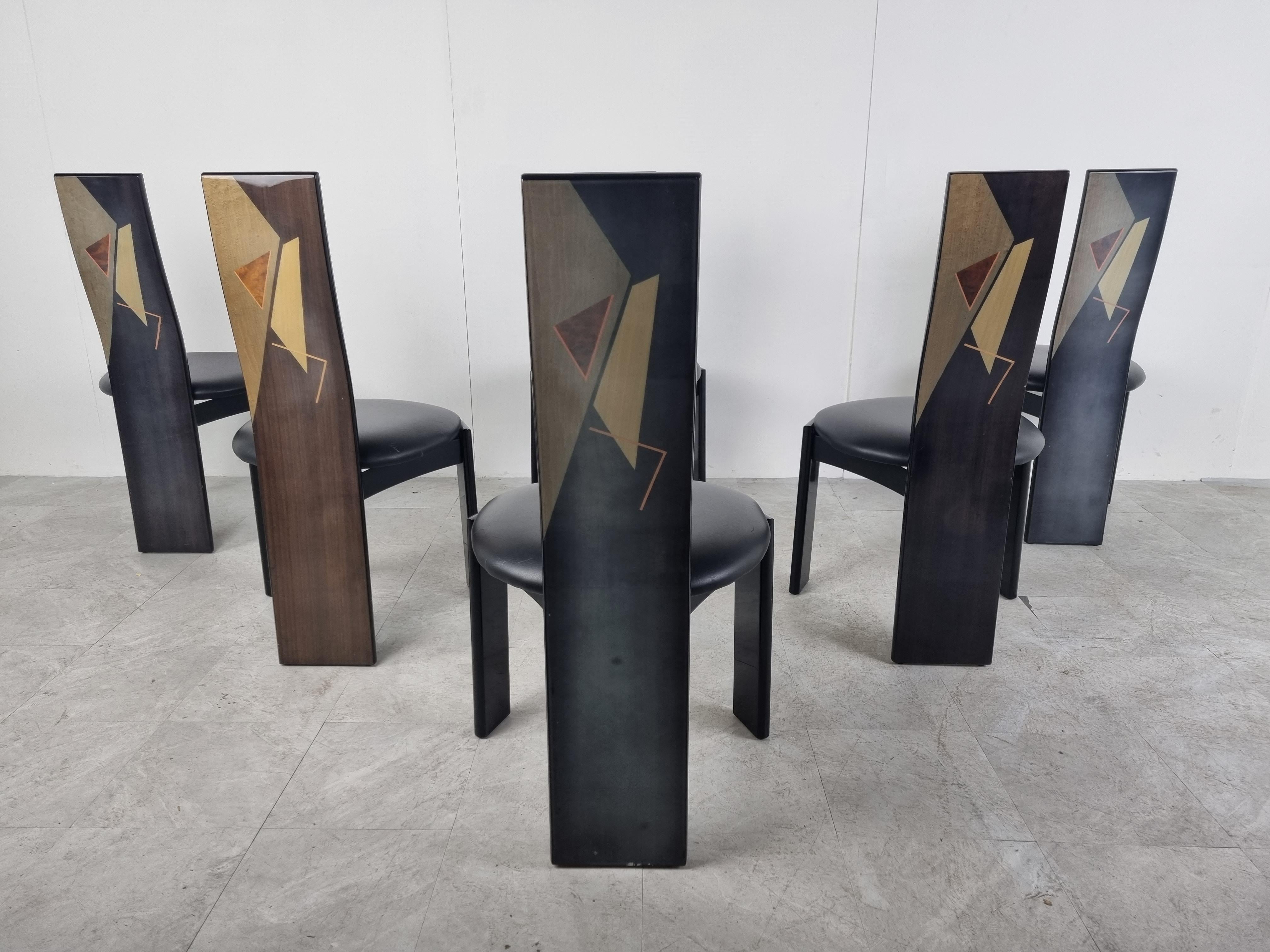 Late 20th Century Rare Inlaid Wood and Lacquer Dining Chairs by Pietro Costantini, 1980s, Set of 6