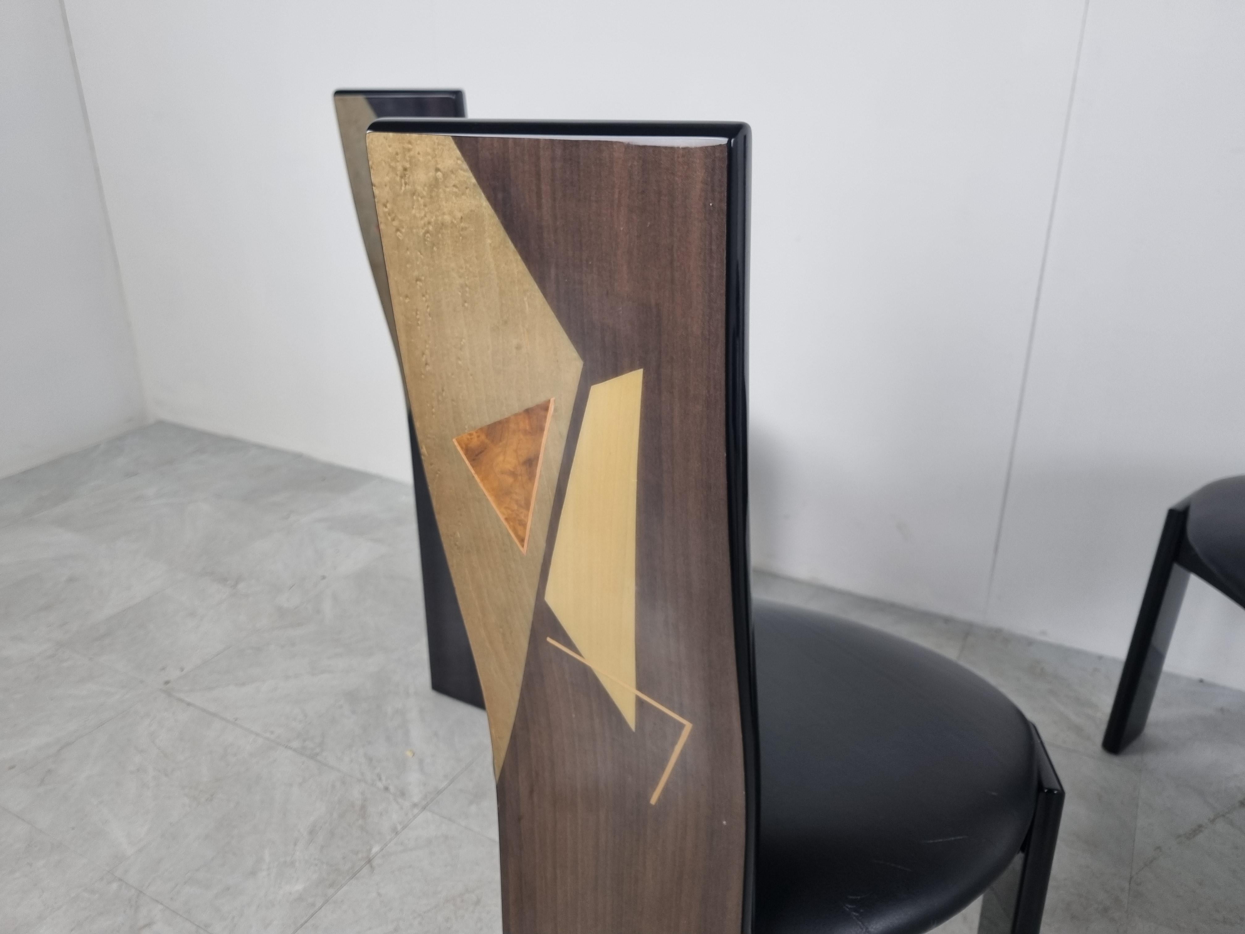 Leather Rare Inlaid Wood and Lacquer Dining Chairs by Pietro Costantini, 1980s, Set of 6