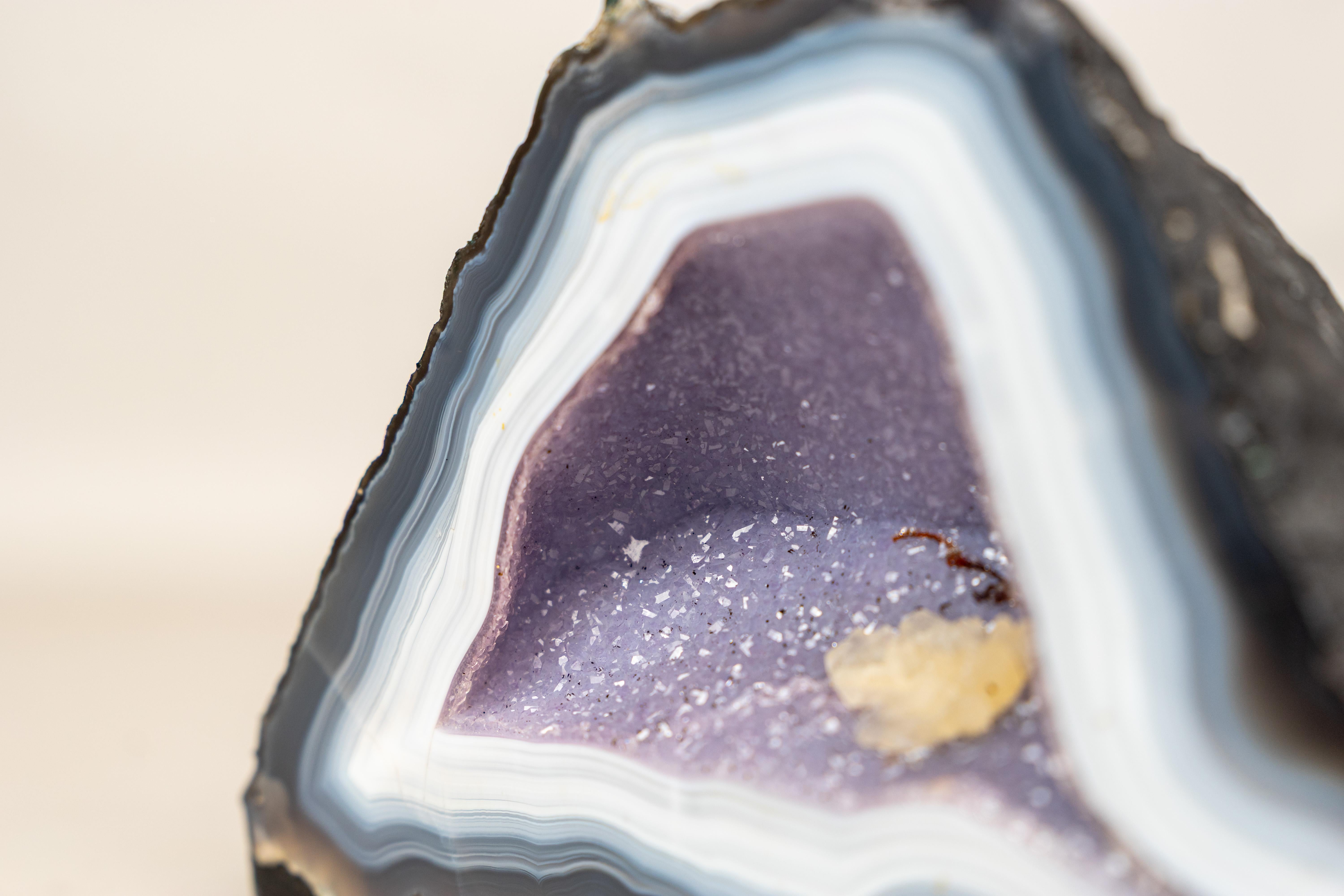 Rare Intact Blue & White Lace Agate Geode with Violet Druzy For Sale 4