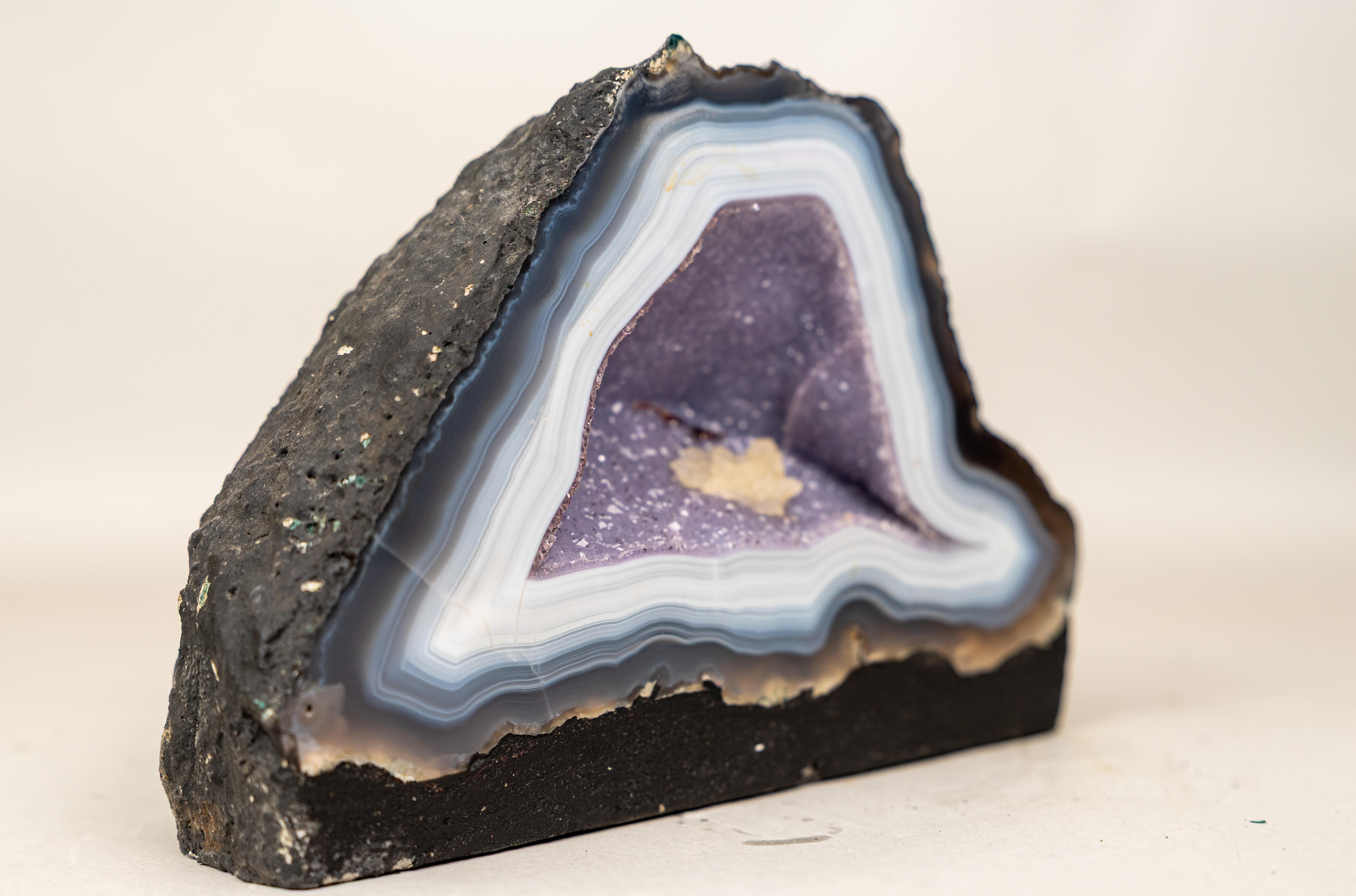 Brazilian Rare Intact Blue & White Lace Agate Geode with Violet Druzy For Sale