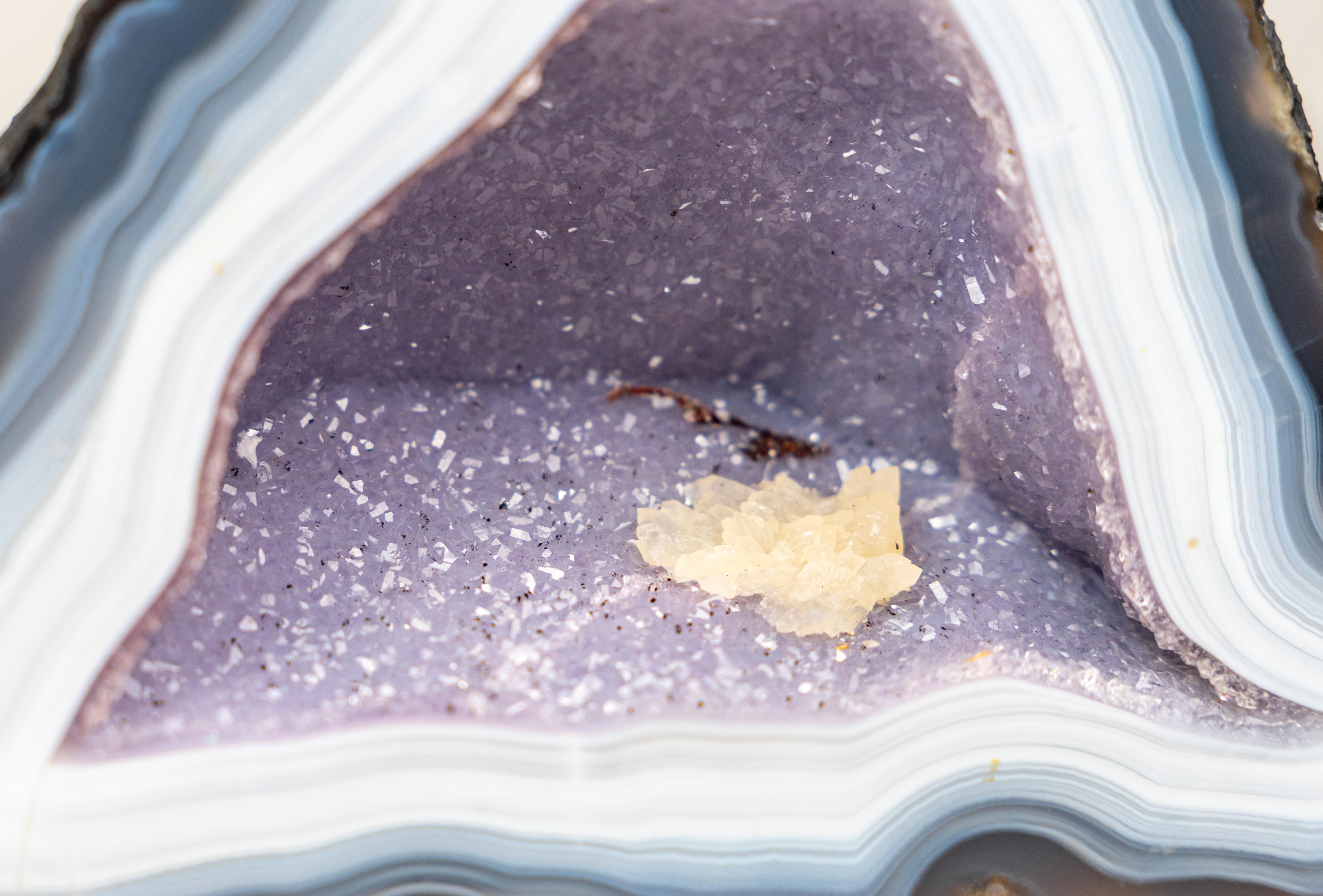 Contemporary Rare Intact Blue & White Lace Agate Geode with Violet Druzy For Sale