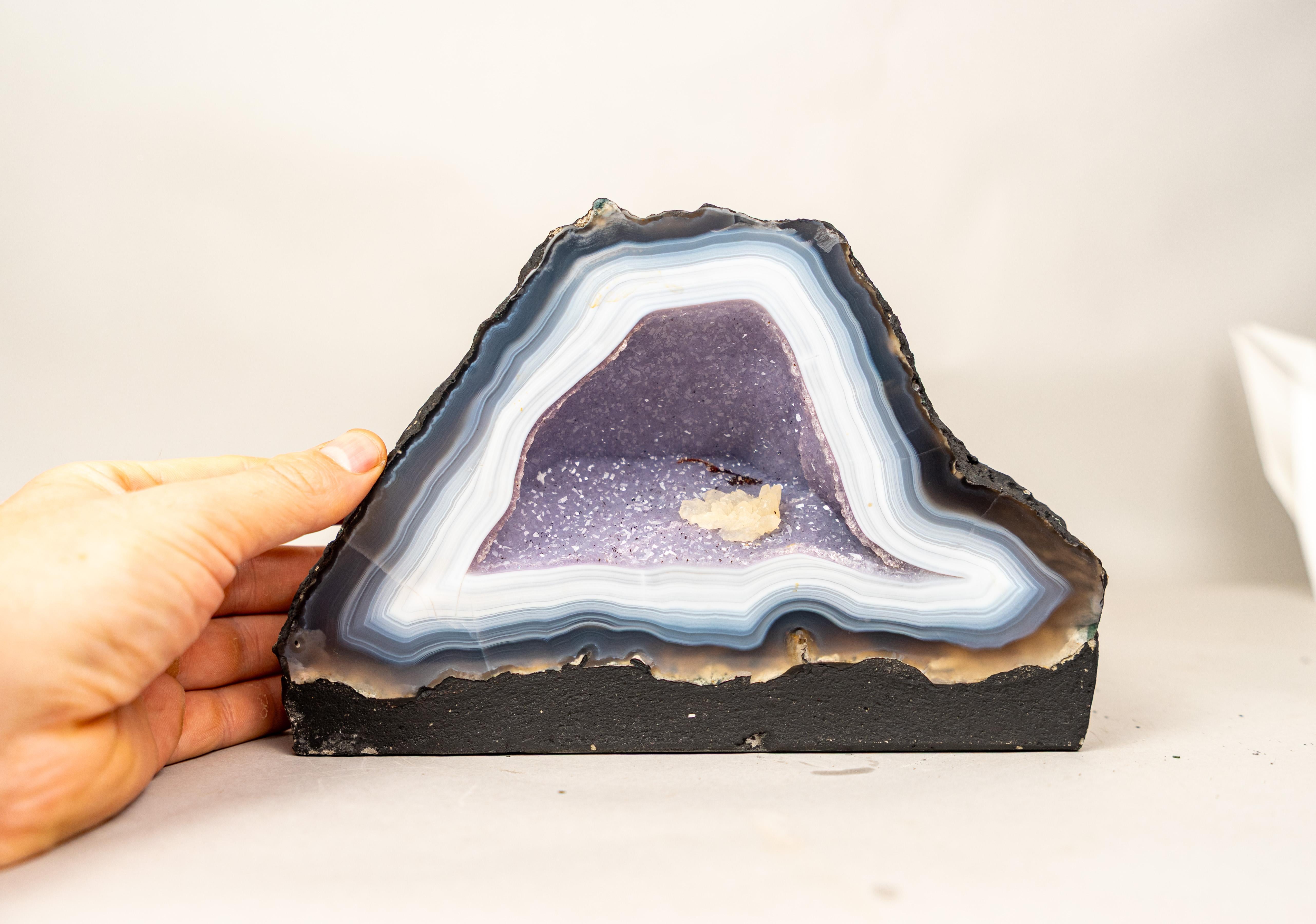 Rare Intact Blue & White Lace Agate Geode with Violet Druzy For Sale 1
