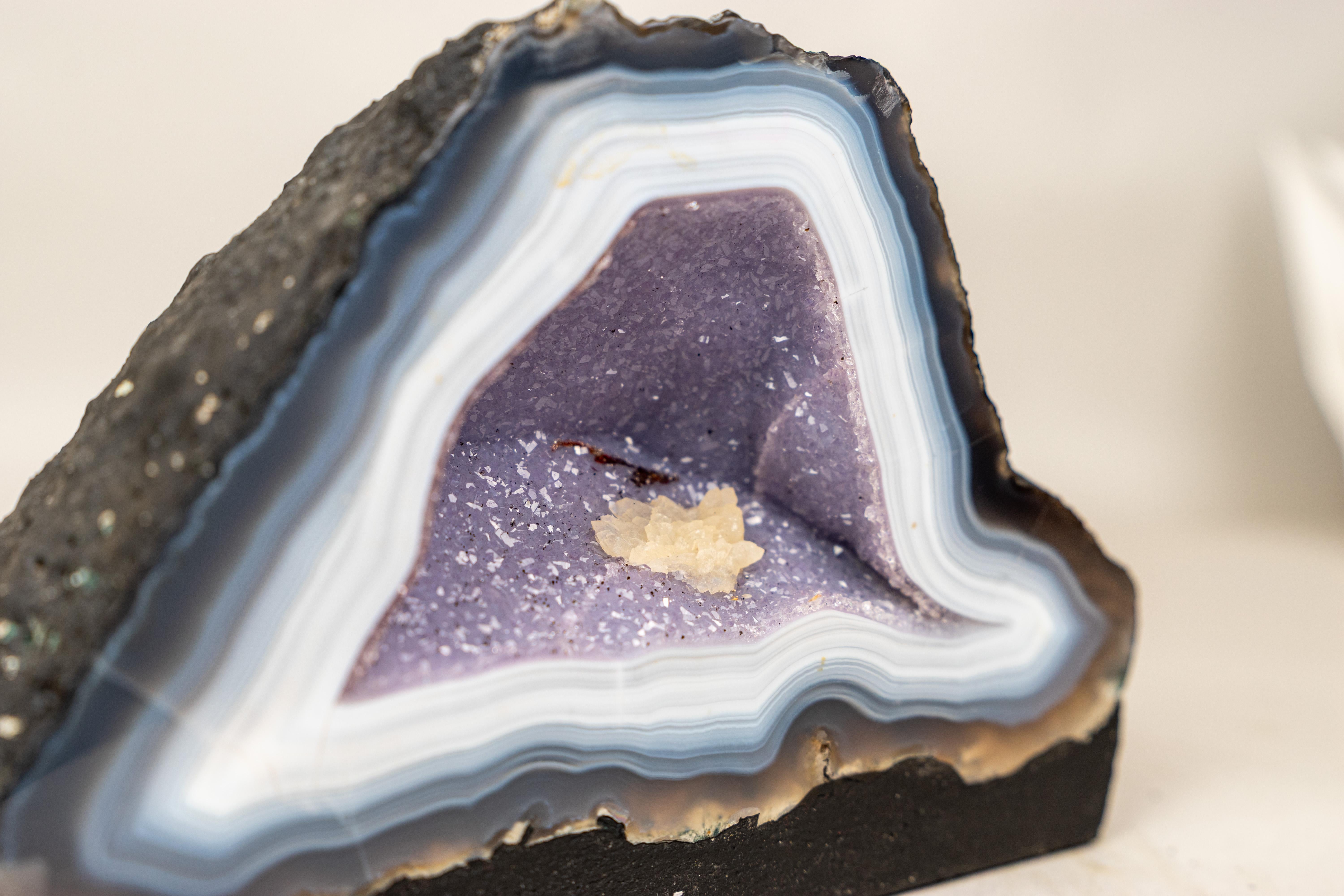 Rare Intact Blue & White Lace Agate Geode with Violet Druzy For Sale 2