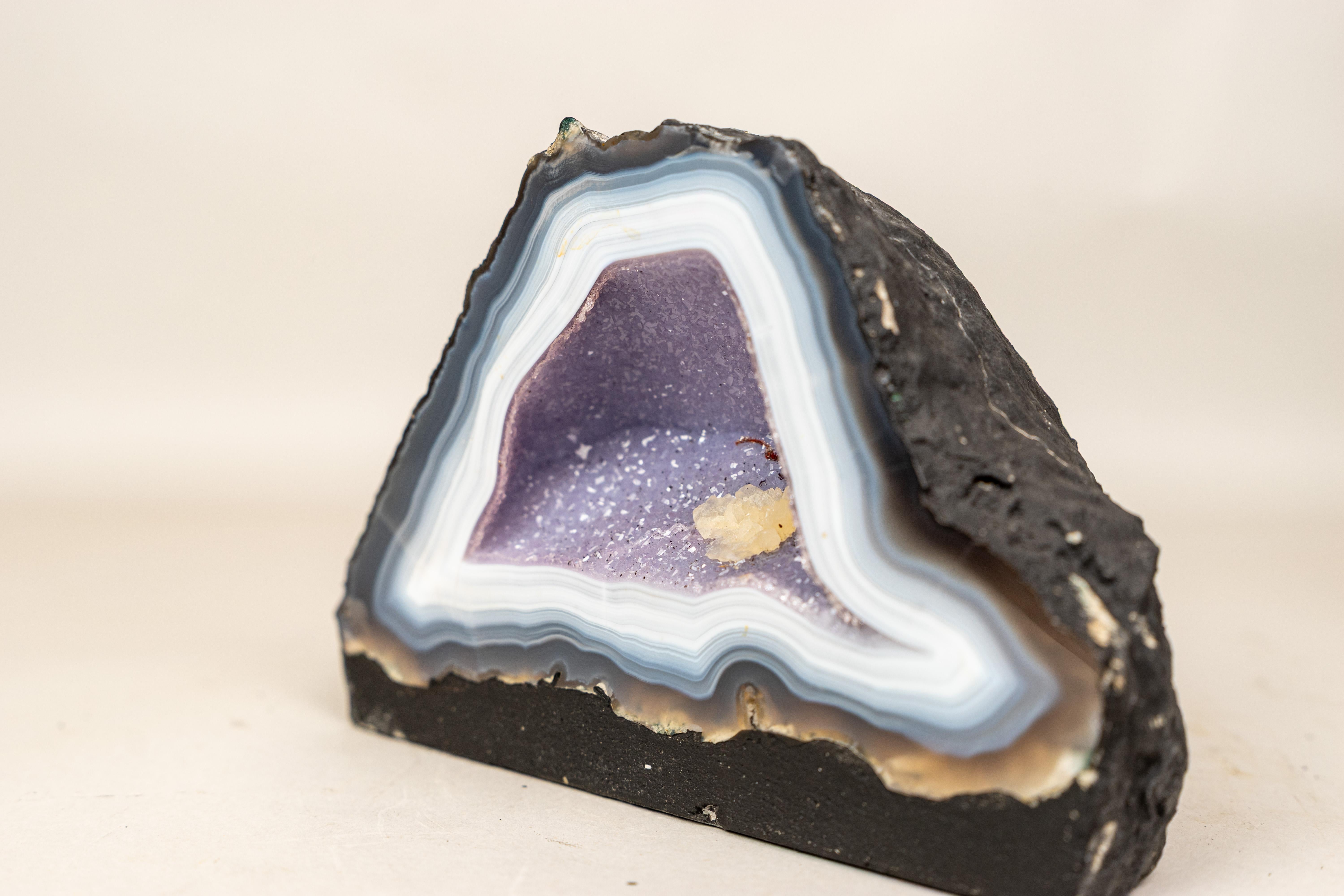 Rare Intact Blue & White Lace Agate Geode with Violet Druzy For Sale 3
