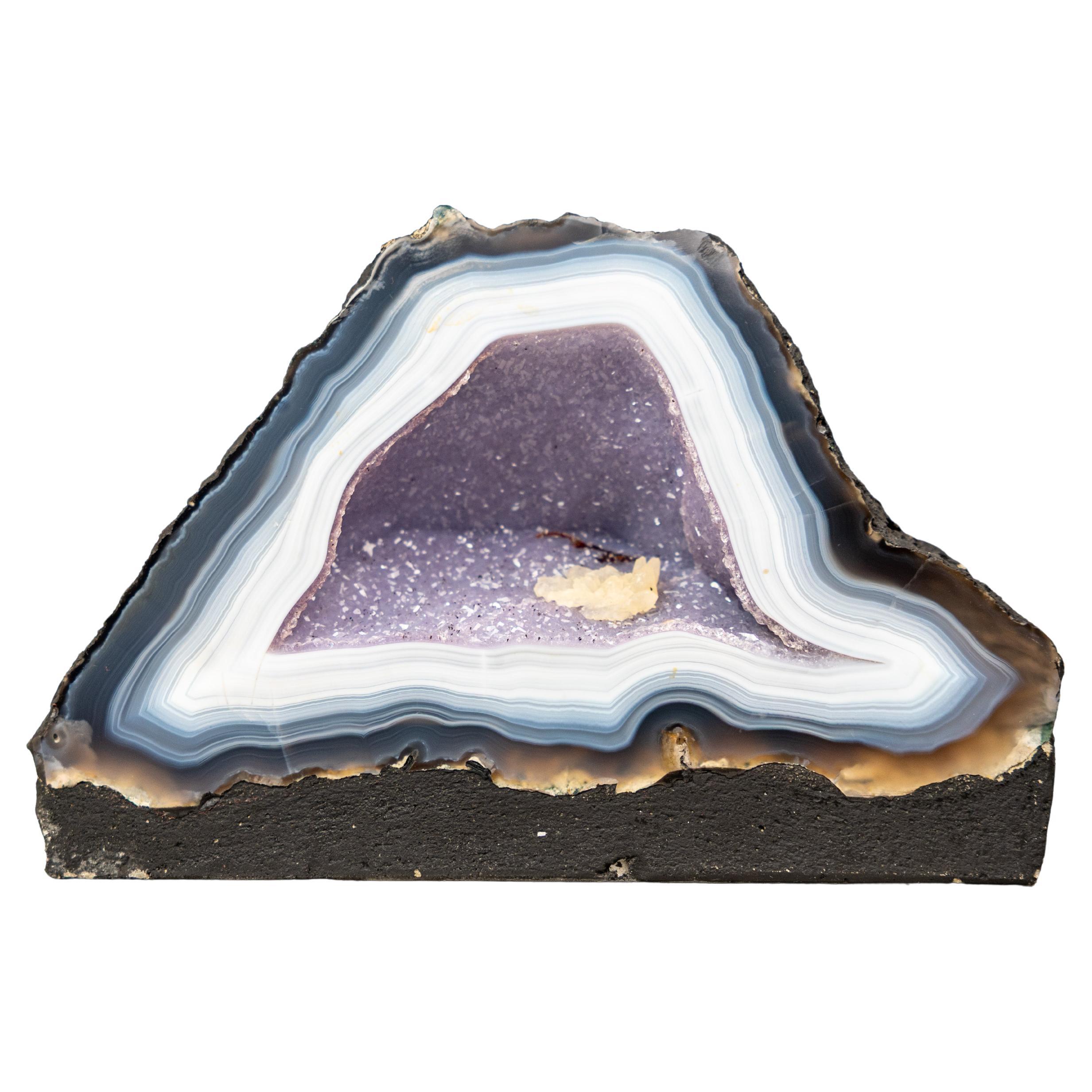 Rare Intact Blue & White Lace Agate Geode with Violet Druzy For Sale