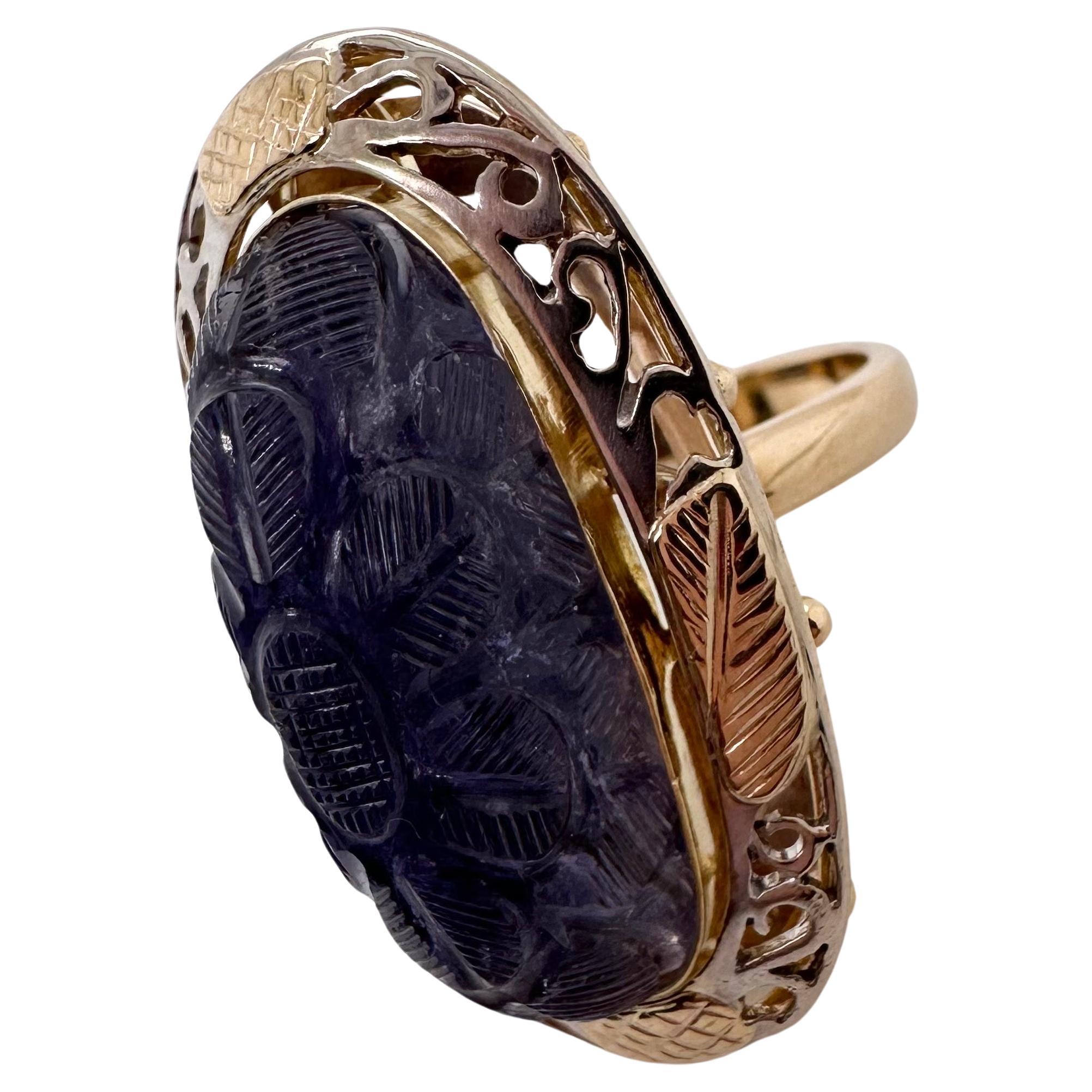 Rare Iolite Handcarved ring 14KT gold For Sale
