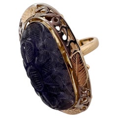 Rare Iolite Handcarved ring 14KT gold