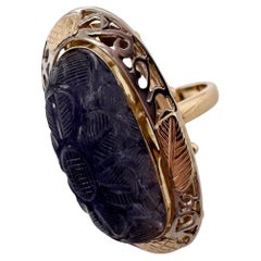 Raro anello in iolite intagliato a mano in oro 14KT