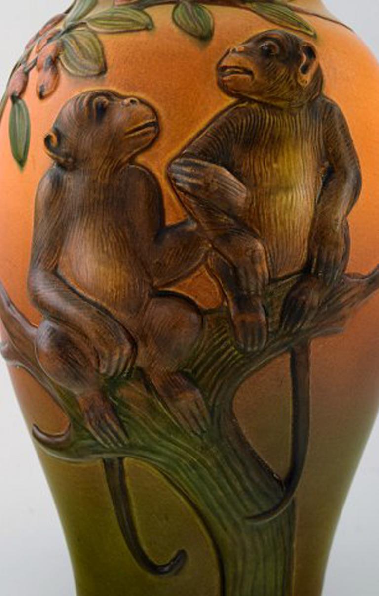 Danish Rare Ipsen's, Denmark Art Nouveau Ceramic Vase, Monkeys in Relief, circa 1910