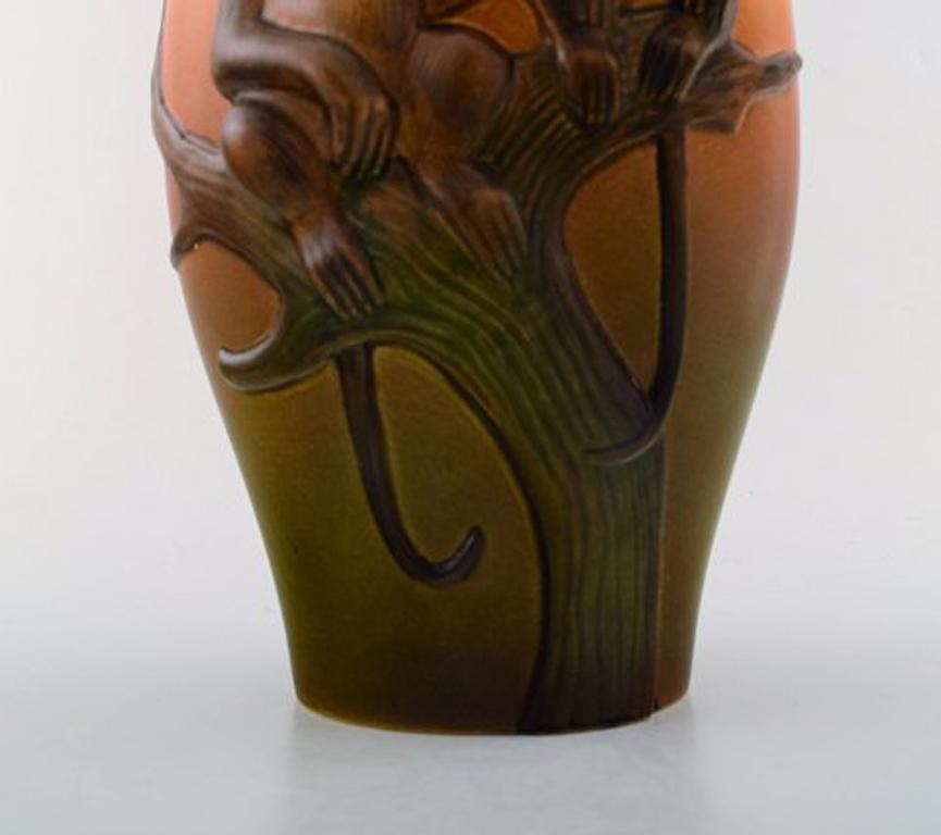 Early 20th Century Rare Ipsen's, Denmark Art Nouveau Ceramic Vase, Monkeys in Relief, circa 1910