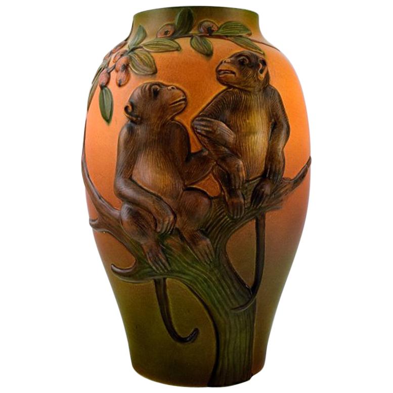 Rare Ipsen's, Denmark Art Nouveau Ceramic Vase, Monkeys in Relief, circa 1910