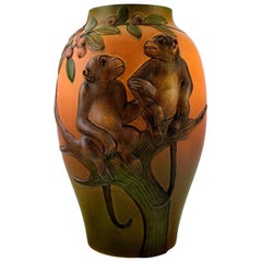 Rare Ipsen's, Denmark Art Nouveau Ceramic Vase, Monkeys in Relief, circa 1910