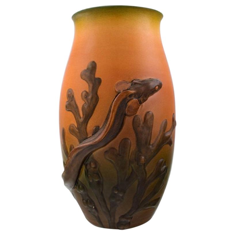 Rare Ipsen's, Denmark Art Nouveau Ceramic Vase with Eelpout and Seaweed