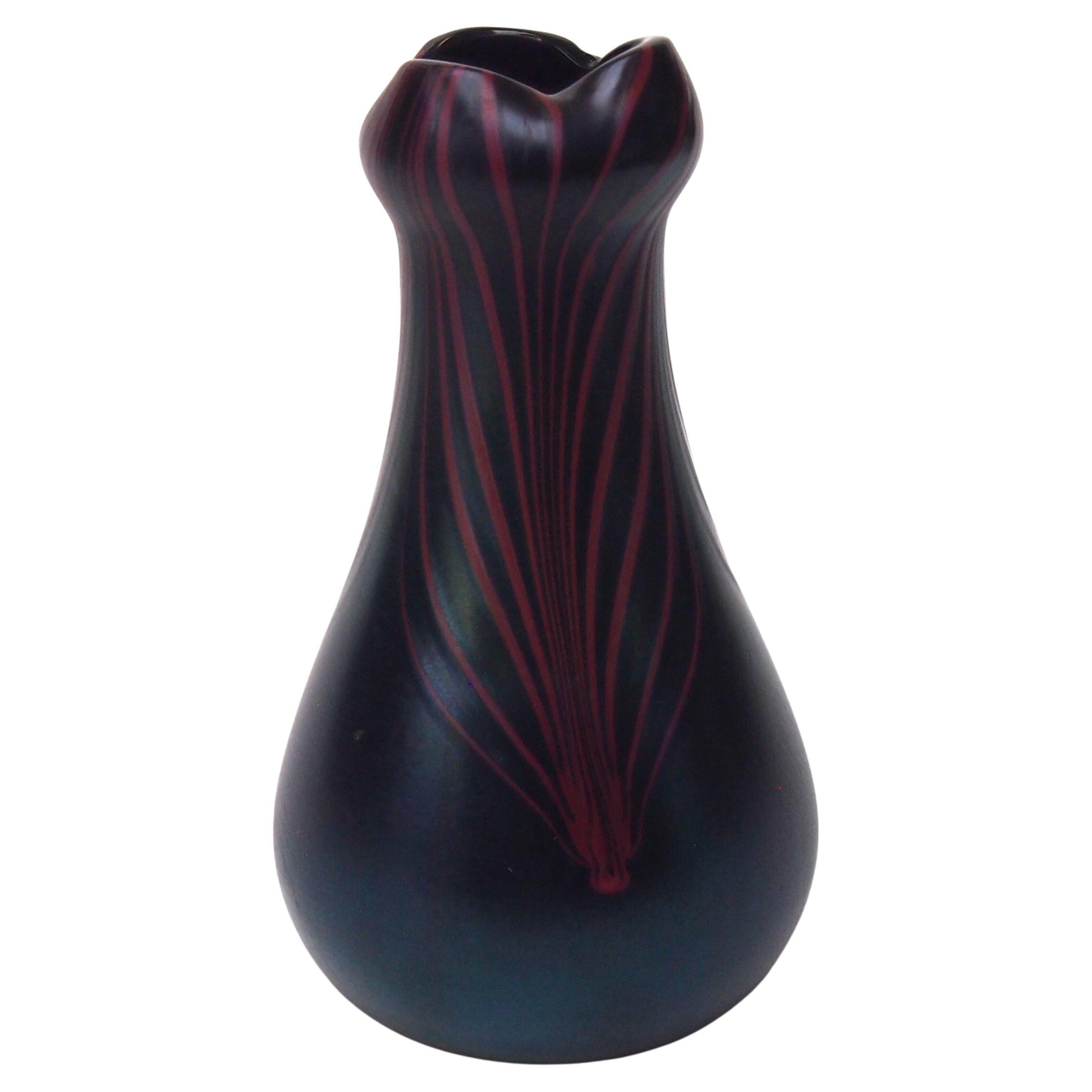 Rare iridised Poschinger red and black glass vase with decorated feathering 1900