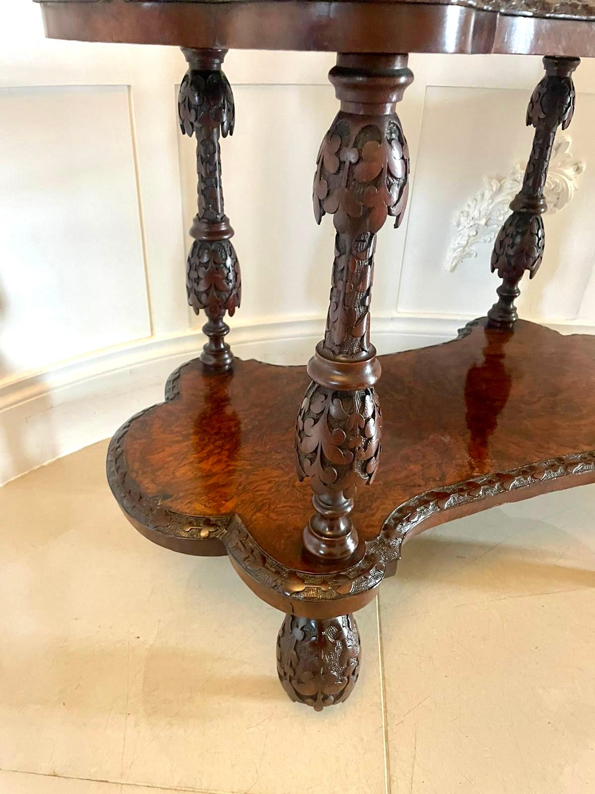 Rare Irish Antique Exhibition Quality Freestanding Burr Walnut Carved Whatnot For Sale 5