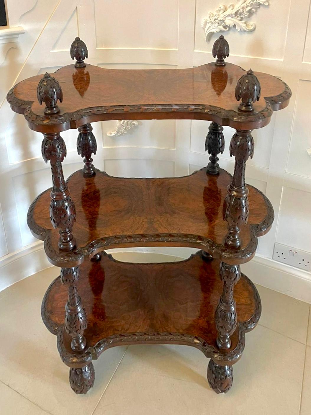 Victorian Rare Irish Antique Exhibition Quality Freestanding Burr Walnut Carved Whatnot For Sale